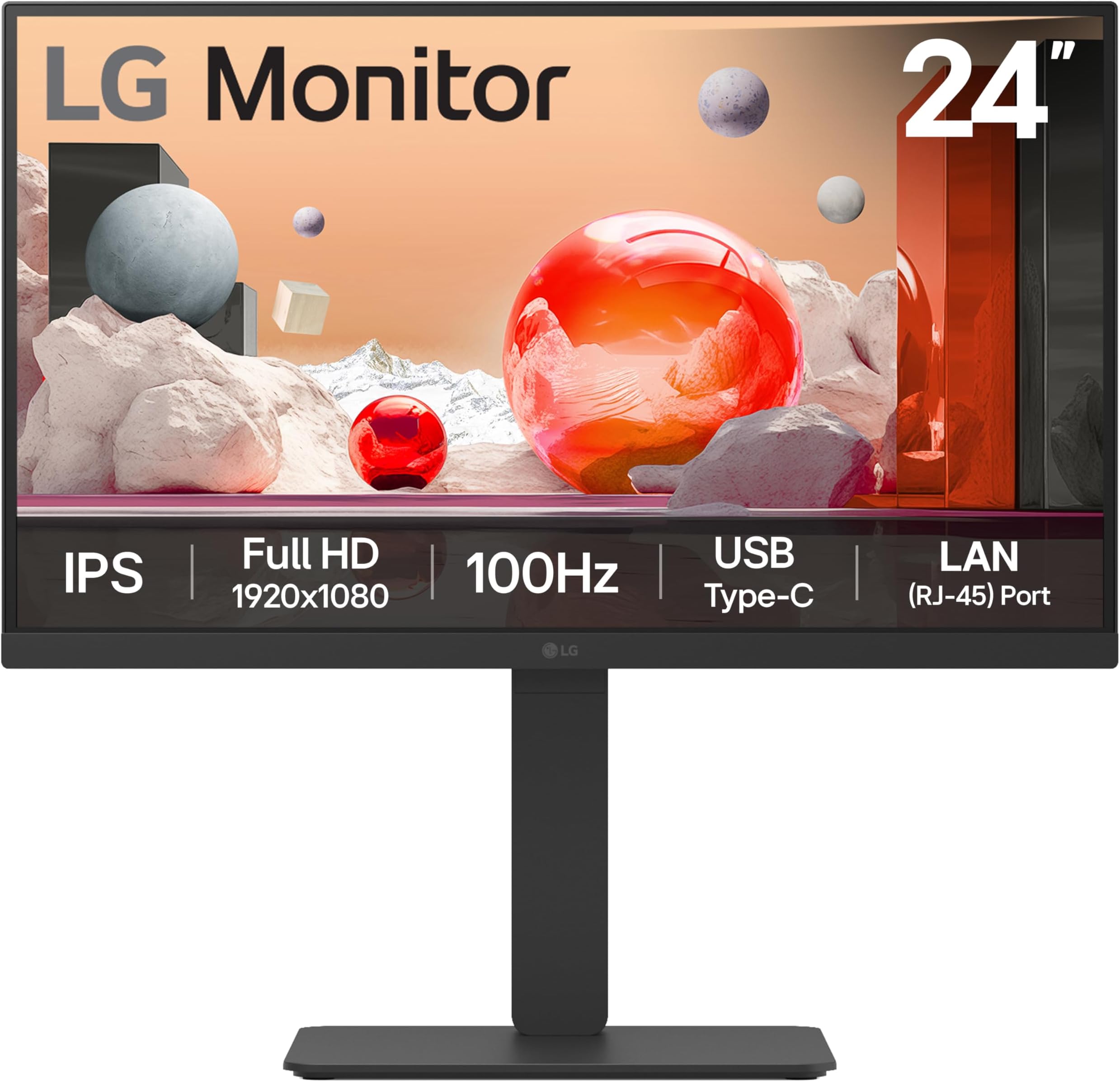LG Monitor 24BA750 - FHD 1080p IPS 24 inch, 100Hz, 5ms, Office Display, Built-in Power/KVM/Speakers, LAN (RJ45), USB-C, USB Hub, D-Sub, HDMI, DisplayPort, Matte Blac