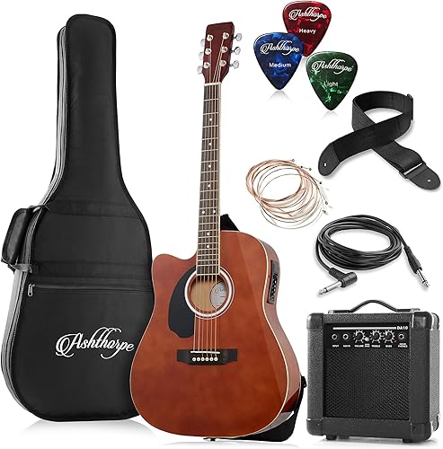 Ashthorpe Paquete de guitarra eléctrica acústica Dreadnought Cutaway de tamaño completo con amplificador de 10 W, color marrón