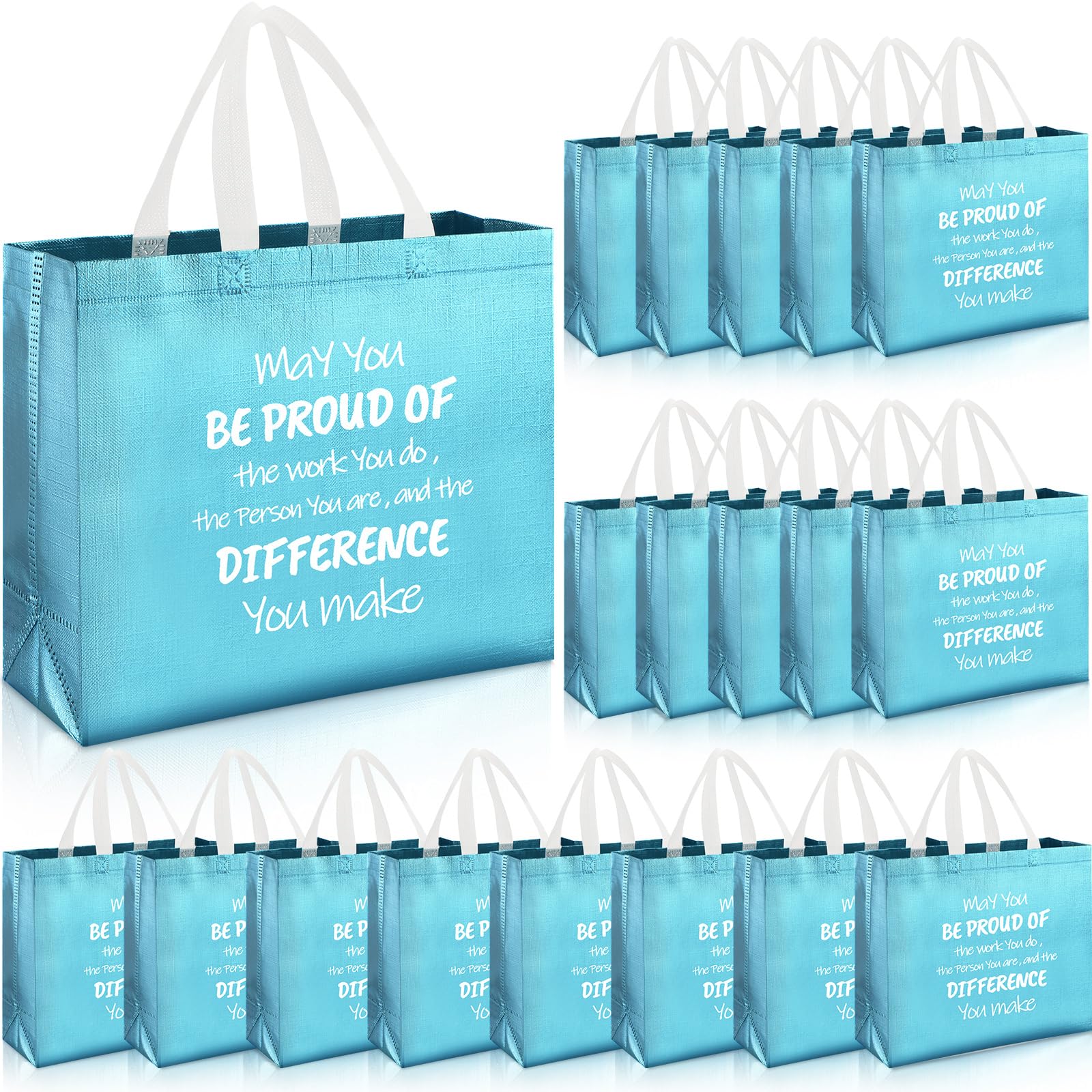 Abbylike 24 Pcs Blue Glossy Thank You Gift Bag with Handles Bulk Non Woven Reusable Employee Appreciation Gifts Bags for Coworker Staff Team Boss