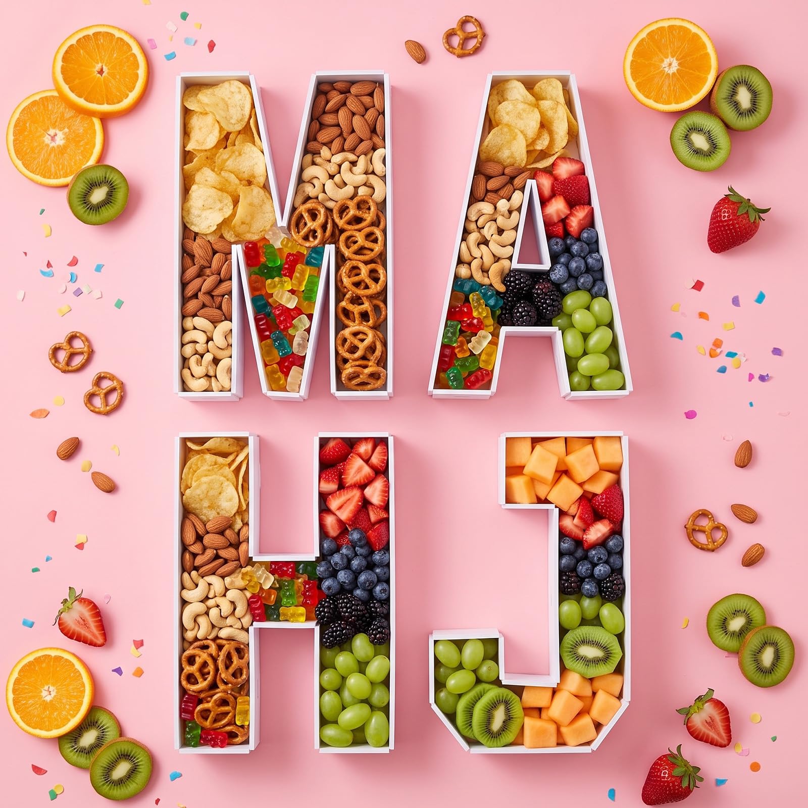 Blushtier 4 letras de embutidos Mahjong rellenables, bandejas de cartón blanco MAHJ de 13.78 pulgadas, buzones rellenables para aperitivos de frutas, galletas, dulces, decoración de mesa de fiesta