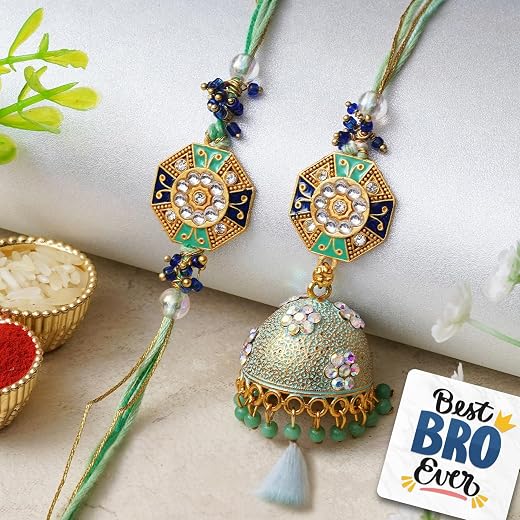 eCraftIndia Set of 2 Floral Designer Rakhis, Best Bro Ever Fridge Magnet with Roli Chawal Pack - Rakhis for Brother, Bhabh...
