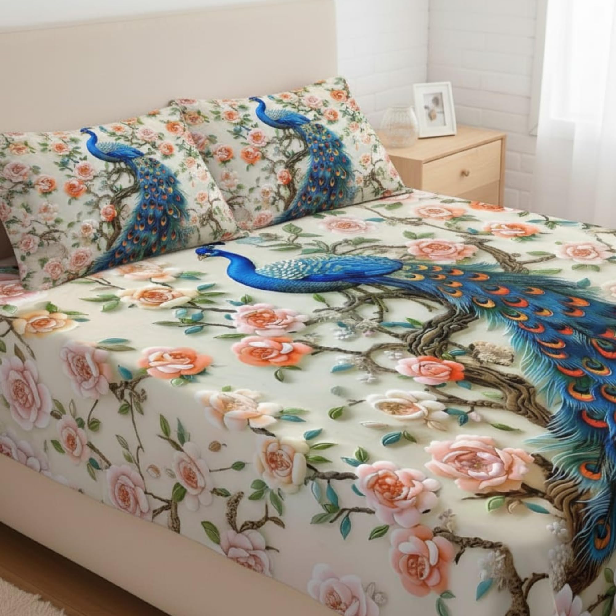 Microfiber Printed 7D King Size Double Bedsheet180 GSM | Heavy Microfiber Cotton 90X100 Inches | 400 TC Premium Flat Sheet with 2 Pillow Covers | Soft & Skin Friendly (461)