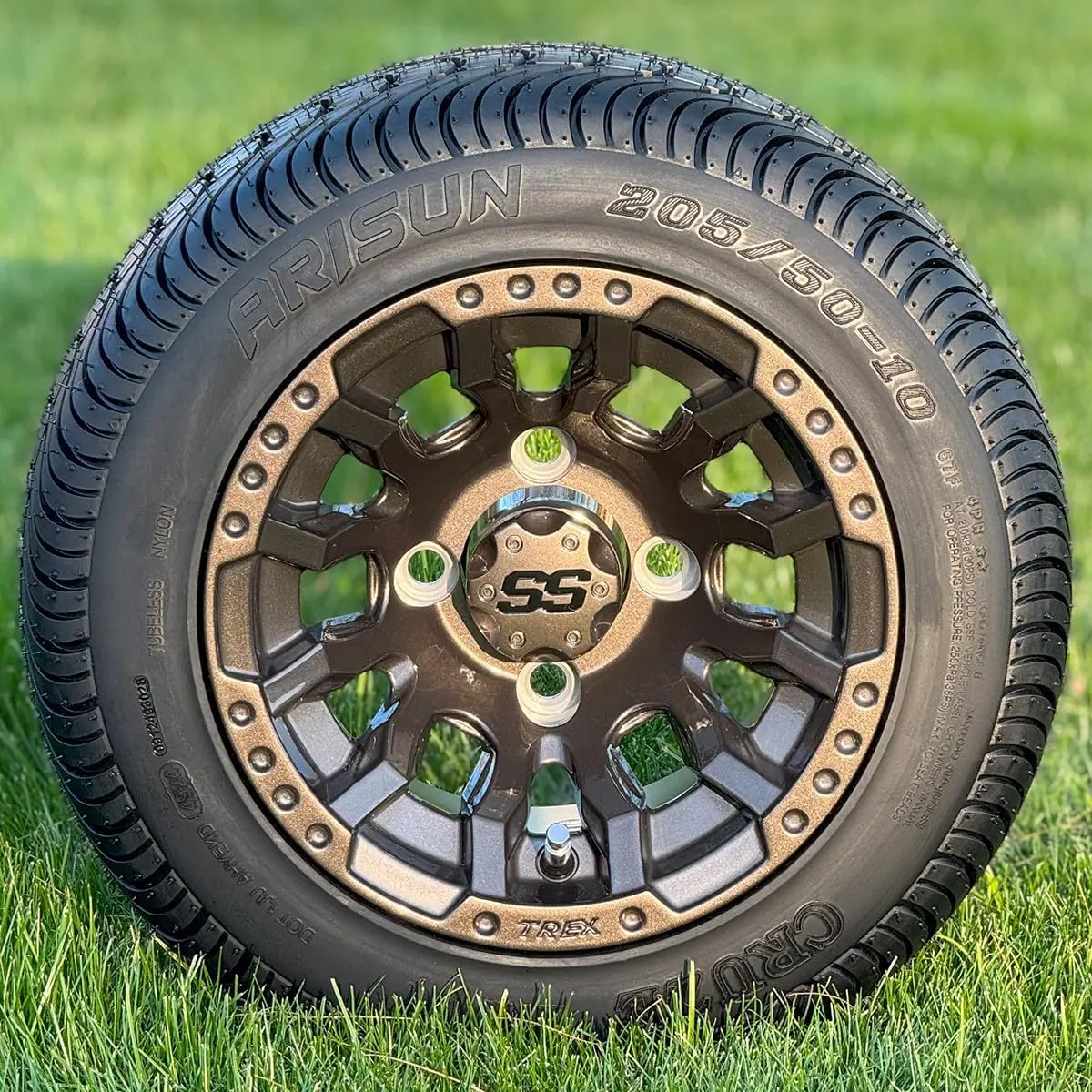 10" Maverick Metallic Bronze Golf Cart Wheel and 205/50-10" DOT Tires - Set of 4 (Standard Lugs 1/2 x 20)