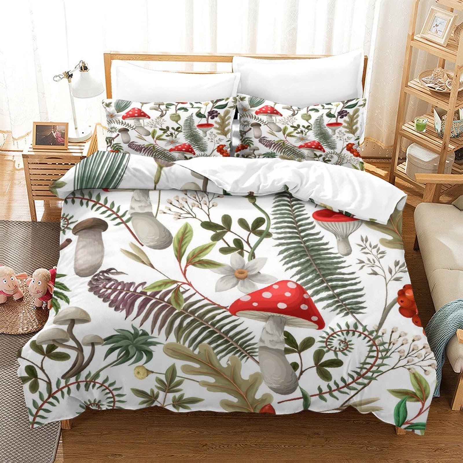GDEKCIEAS Mushrooms,Fern And Berries Kids Bedding Set,3Pcs Duvet Cover,Comforter Set with Zipper Closure,Soft Microfiber for Teens And Adults Single（140x200cm）