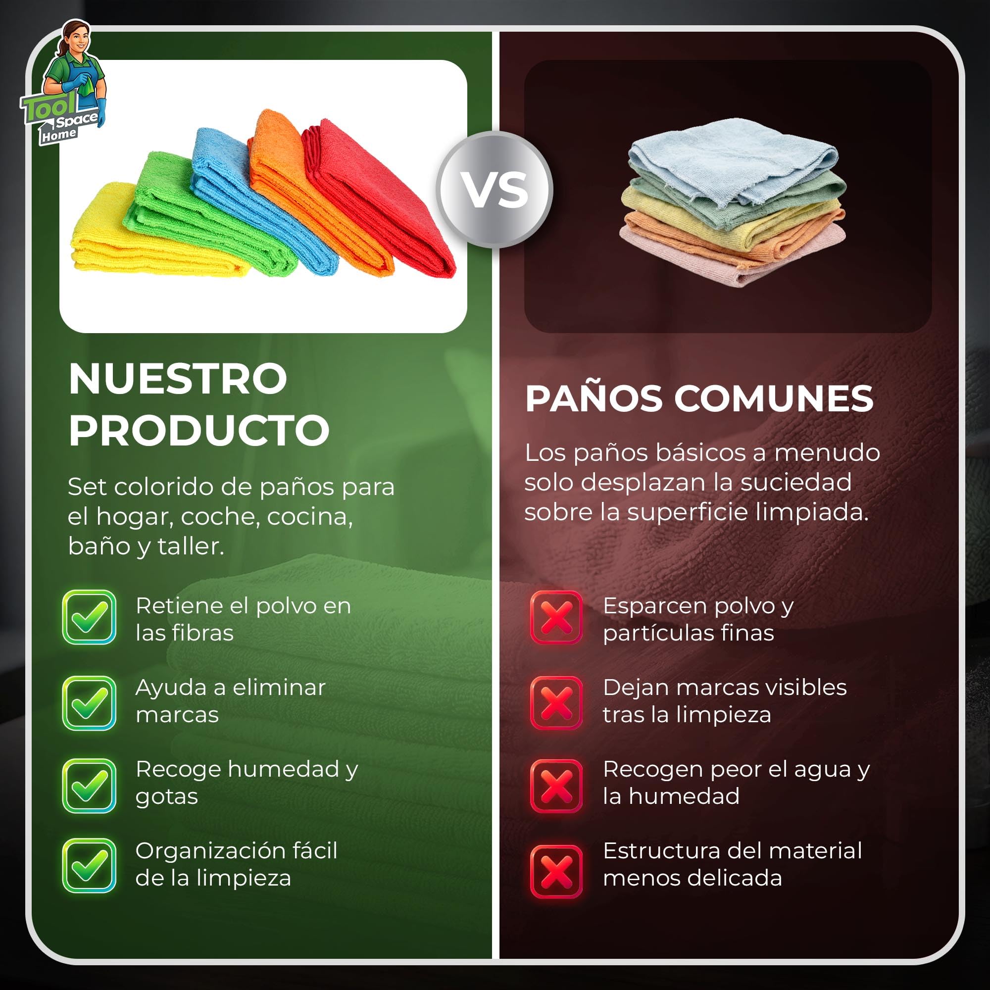 ToolSpace Paños de Microfibra 30x30 cm 20 Unidades 240 gsm para Coche Cocina Baño Cristales Espejos Muebles Suaves Absorbentes Reutilizables Sin Rayas Microfibra 80/20 Multicolor Limpieza Hogar