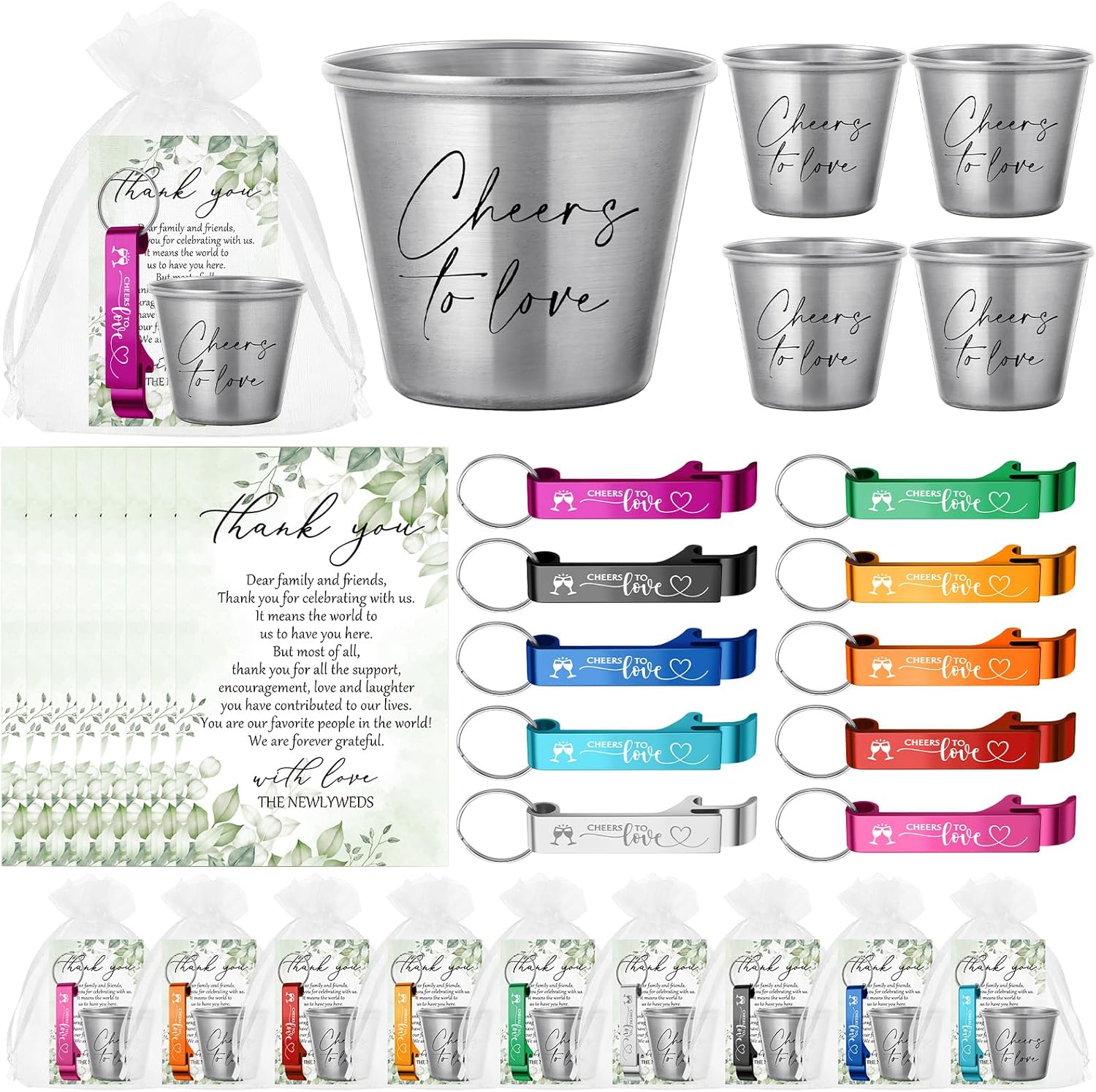 Honeydak 50 Sets Wedding Favors for Guests Bulk Wedding Cheer to Love 2 oz Stainless Steel Shot Glasses Bottle Openers With Thank You Cards Souvenirs Gift for Bridal Shower Party