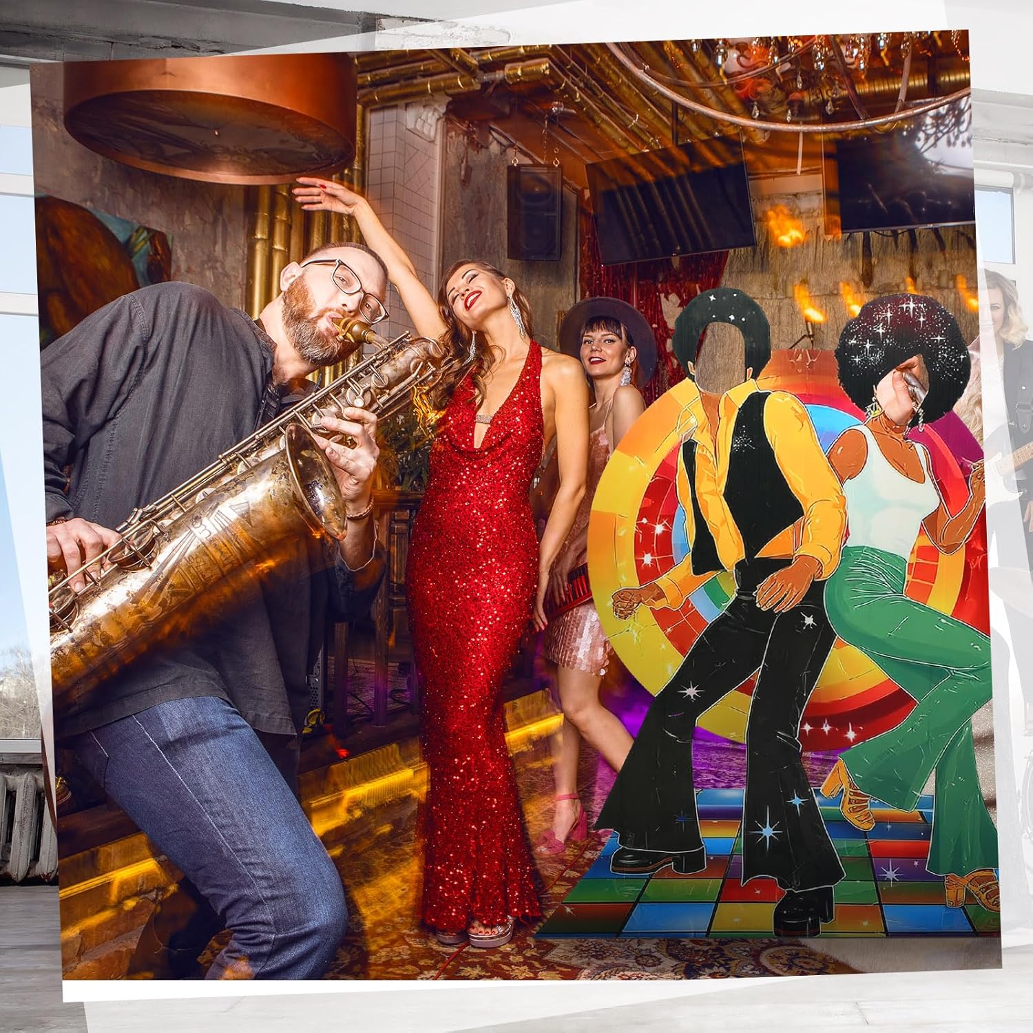 Amyhill 5 ft 70s Disco Couple Cardboard Cutout Stand up Disco Theme Party Decoration Retro Faceless Life Size Photo Prop Dance Couple Backdrop for Groovy Party 1970s Dance Theme Decor