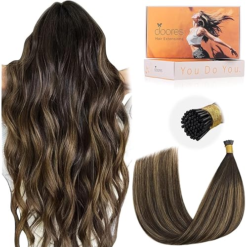 DOORES I Tips Hair Extensions, Human Hair Balayage Dark Brown to Chestnut Brown 20 Inch 50g/50s, Remy Hair Extensions, Silky Straight Hair
