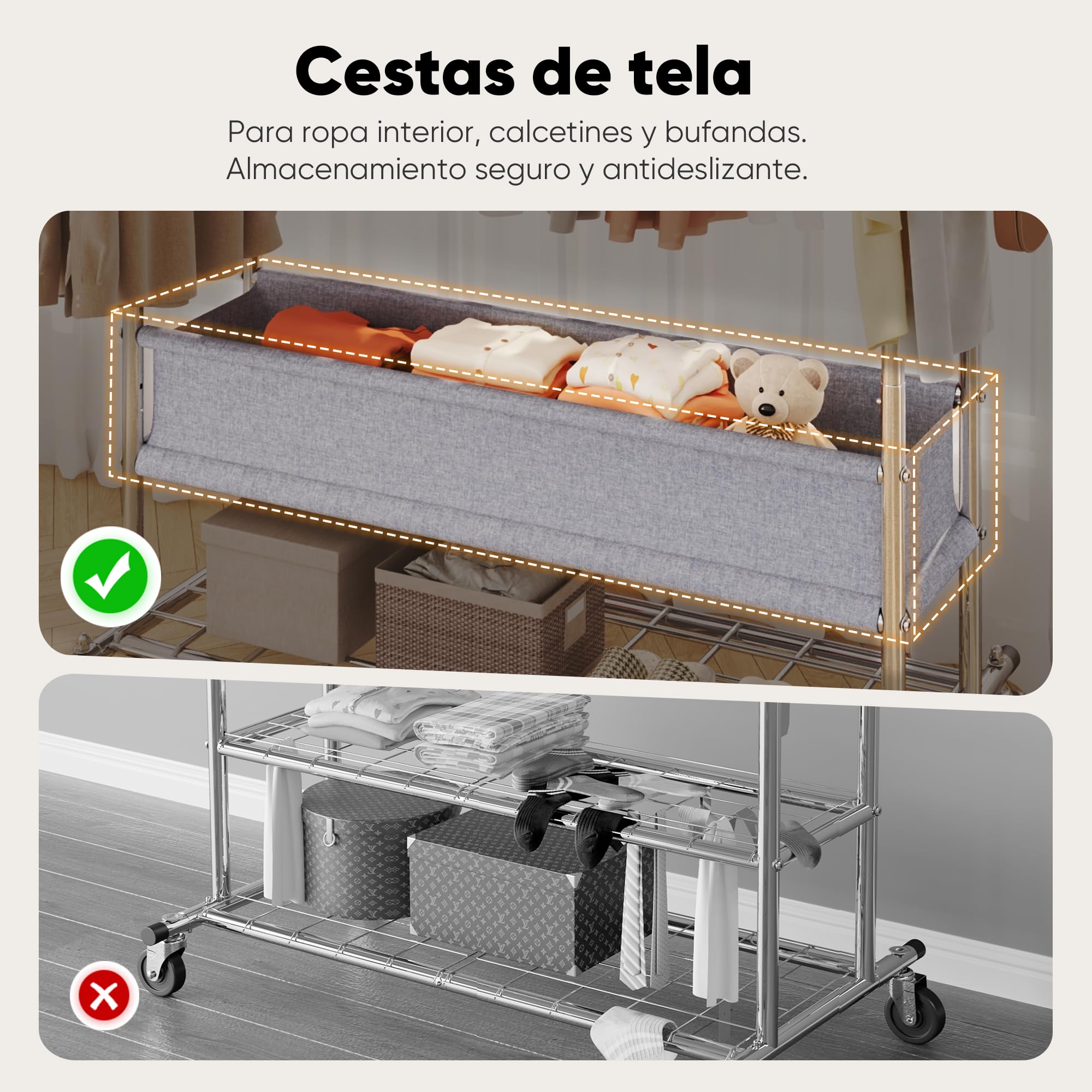 HOKEEPER Burro de Ropa Resistente de Doble Barra con Ruedas, 283kg, con Cesta de Tela y Estante, Extensible - Ideal para Dormitorio, Boutique | Perchero de pared con 4 ruedas, 2 bloqueos, fácil de montar, duradero