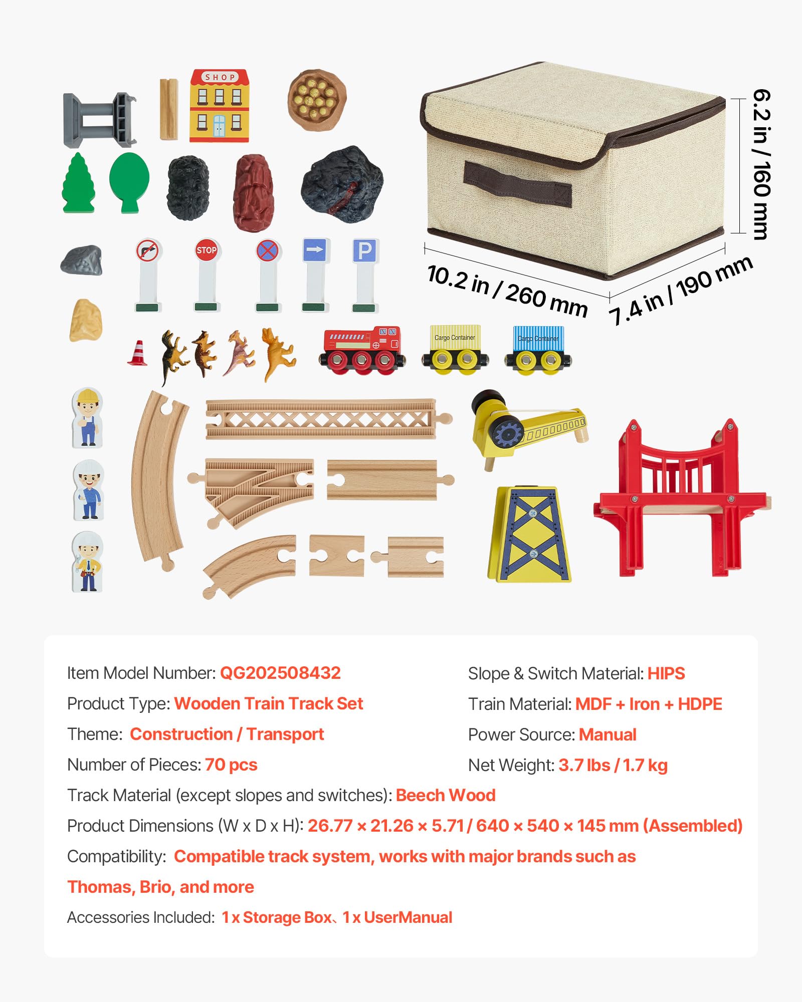 VEVOR Juego de Tren de Madera con Pistas, 70 Piezas con Accesorios, Grúa Magnética Camión Dinosaurio, Diseños Múltiples, Set Educativo, Juguete Compatible con Marcas Principales para Niños 3 a 8 Años
