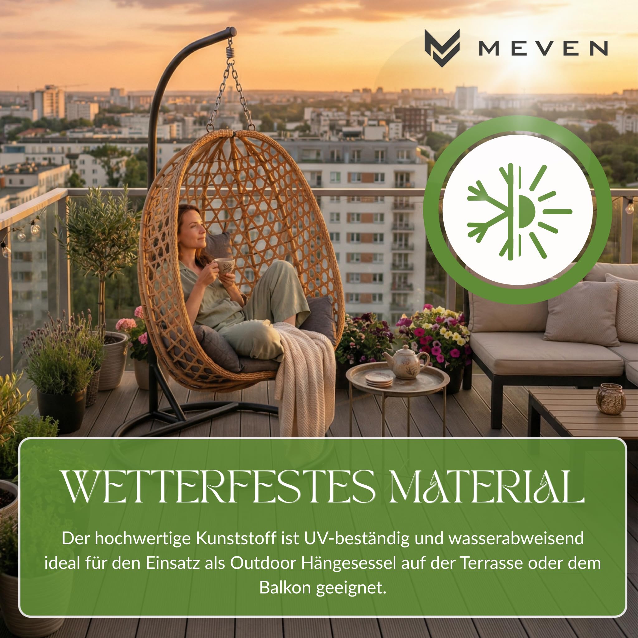MEVEN Aura | Hängesessel mit Gestell natürlich Hängekorb Outdoor & Indoor | Schwebesessel Inklusive XXL Kissen Belastbarkeit 110kg | Luxus Korbsessel für Garten Balkon und Wohnzimmer Design Schaukel