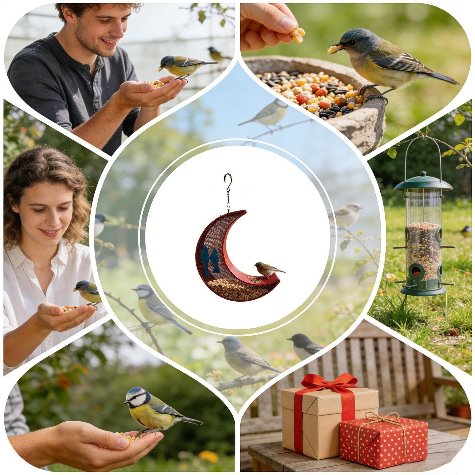 Piccola mangiatoia per uccelli, resistente, decorazione da giardino a forma di luna, per esterni, per casa, giardino, cortile, patio, prato, balcone, terrazza, recinto, albero, parco