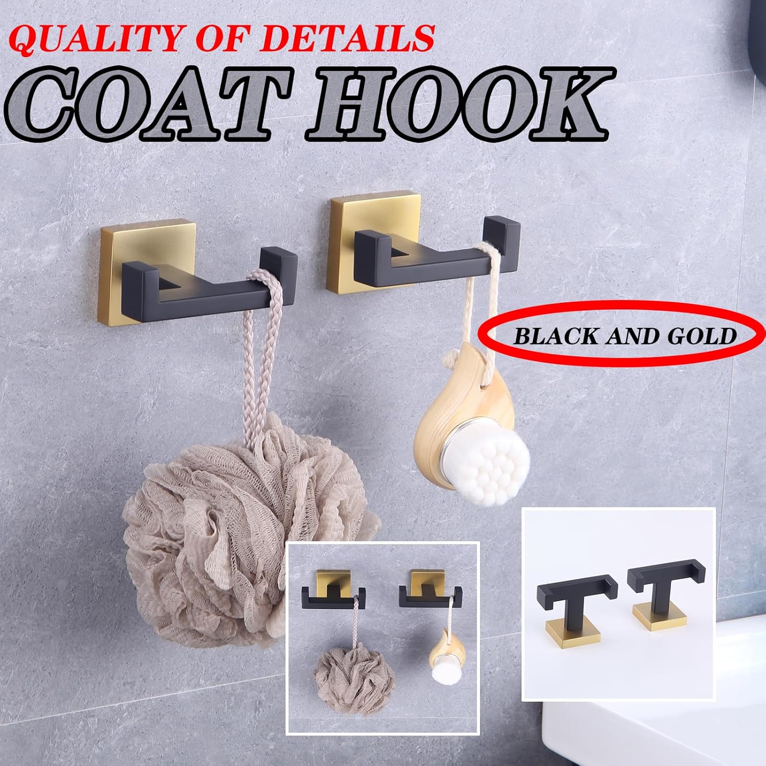GERZWY Bathroom Hooks, Double Towel Robe/Coat Clothes Hook Stainless Steel Hanger Wall Hooks Heavy Duty for Bath Wall Mounted 2 Pack (Black & Gold) AG1417B-BD