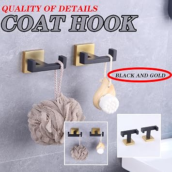 GERZWY Bathroom Hooks, Double Towel Robe/Coat Clothes Hook Stainless Steel Hanger Wall Hooks Heavy Duty for Bath Wall Mounted 2 Pack (Black & Gold) AG1417B-BD
