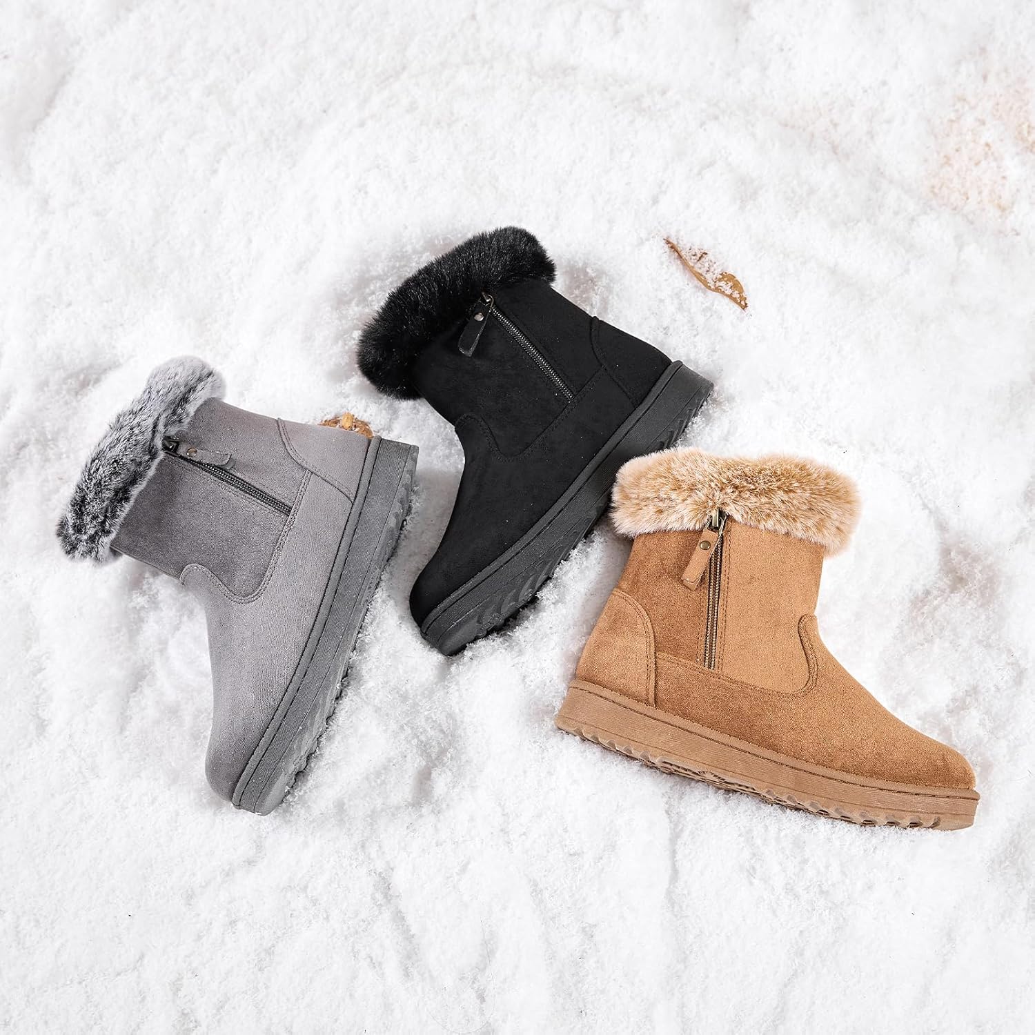 BENPAO Women's Winter Snow Boots - Fuzzy Mini Short Suede Ankle Booties with Zipper - Image 9