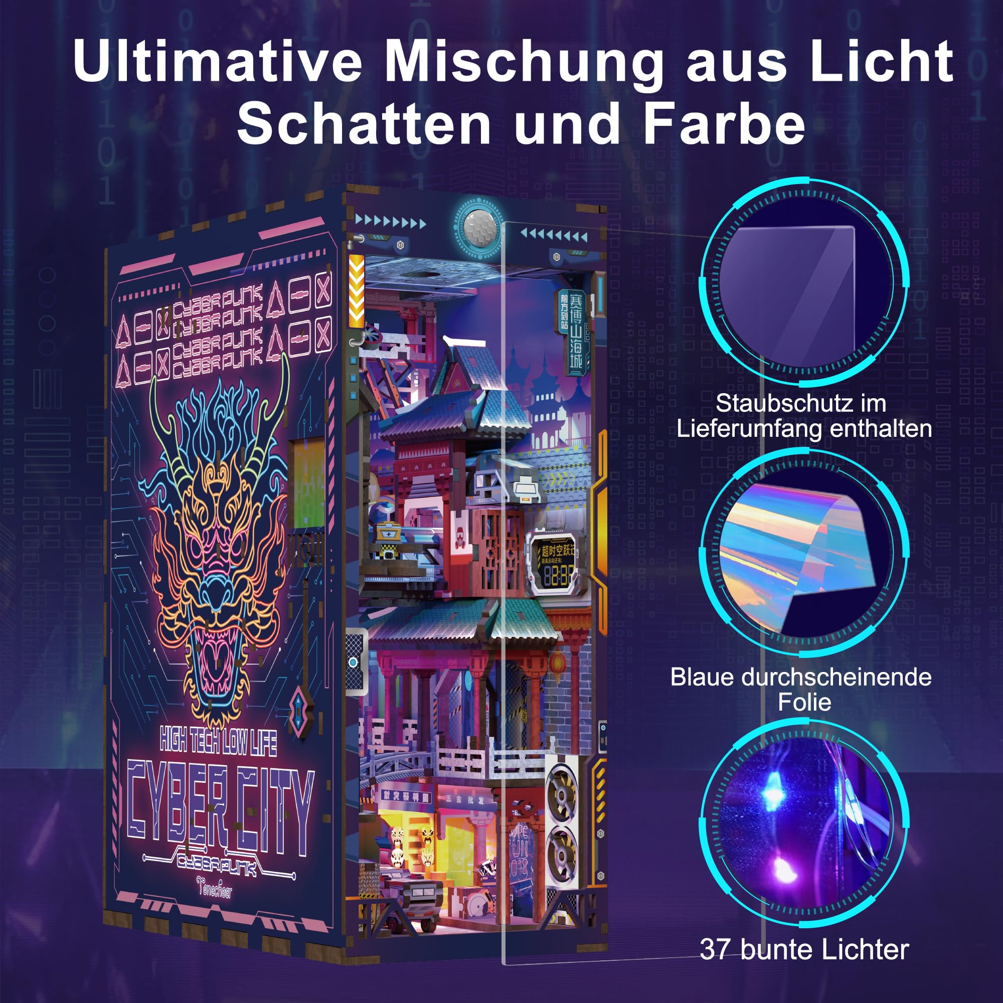 Tonecheer Book Nook Kit 3D Holzpuzzle Booknooks DIY Modellbausätze Erwachsene zum Baue Miniatur Haus Bücherregal Nook Book mit Licht lustiges Geschenke Geburtstagsgeschenk(Cyberstadt)