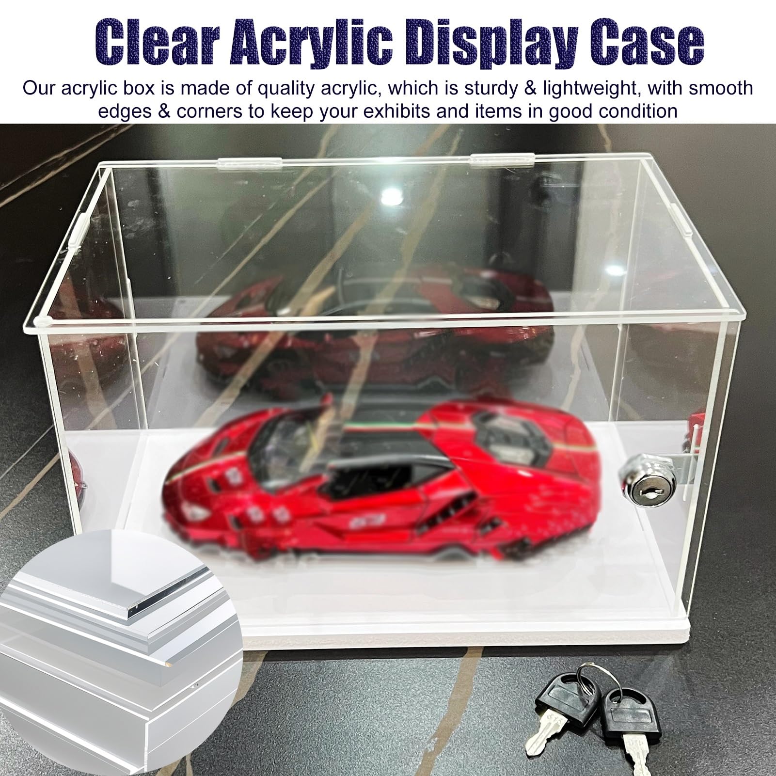 Teca Plexiglass Vetrina in Acrilico con Serratura e Chiave, Ampia Vetrina Trasparente da Banco con Anta, Organizzatore Antipolvere per Figure/ Oggetti da Collezione/ Bambole(L25xW40xH20cm/10x16x8")
