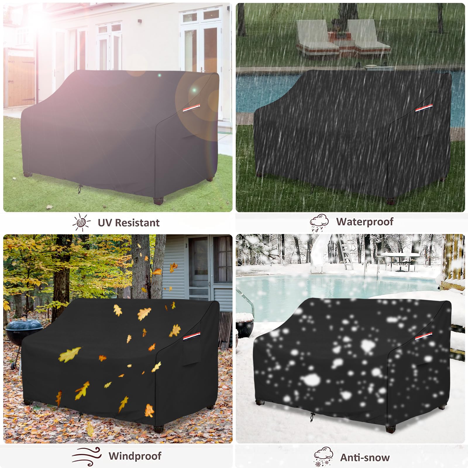 okcool - Funda de sofá de exterior resistente, 100 % impermeable, 2 plazas, hasta 147 x 83 x 79 cm (ancho x fondo x alto), negro