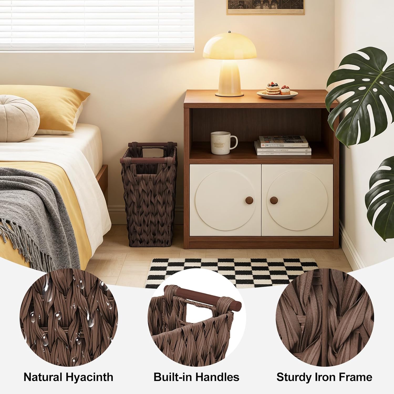 Wicker Bathroom Trash Can, Waterproof Rattan-Style Waste Basket with Wooden Handles, Small Decorative Garbage Bin for Bathroom, Bedroom, Office, 14×7.5×13.4 Inch (1, Brown)