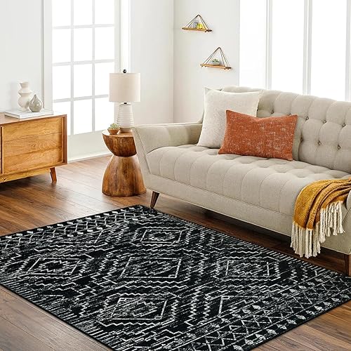 Miniatura 4 de Wonnitar Alfombra marroquí lavable de 5 x 7 pies, color negro, alfombra grande para sala de estar, antideslizante, bohemio, para dormitorio,