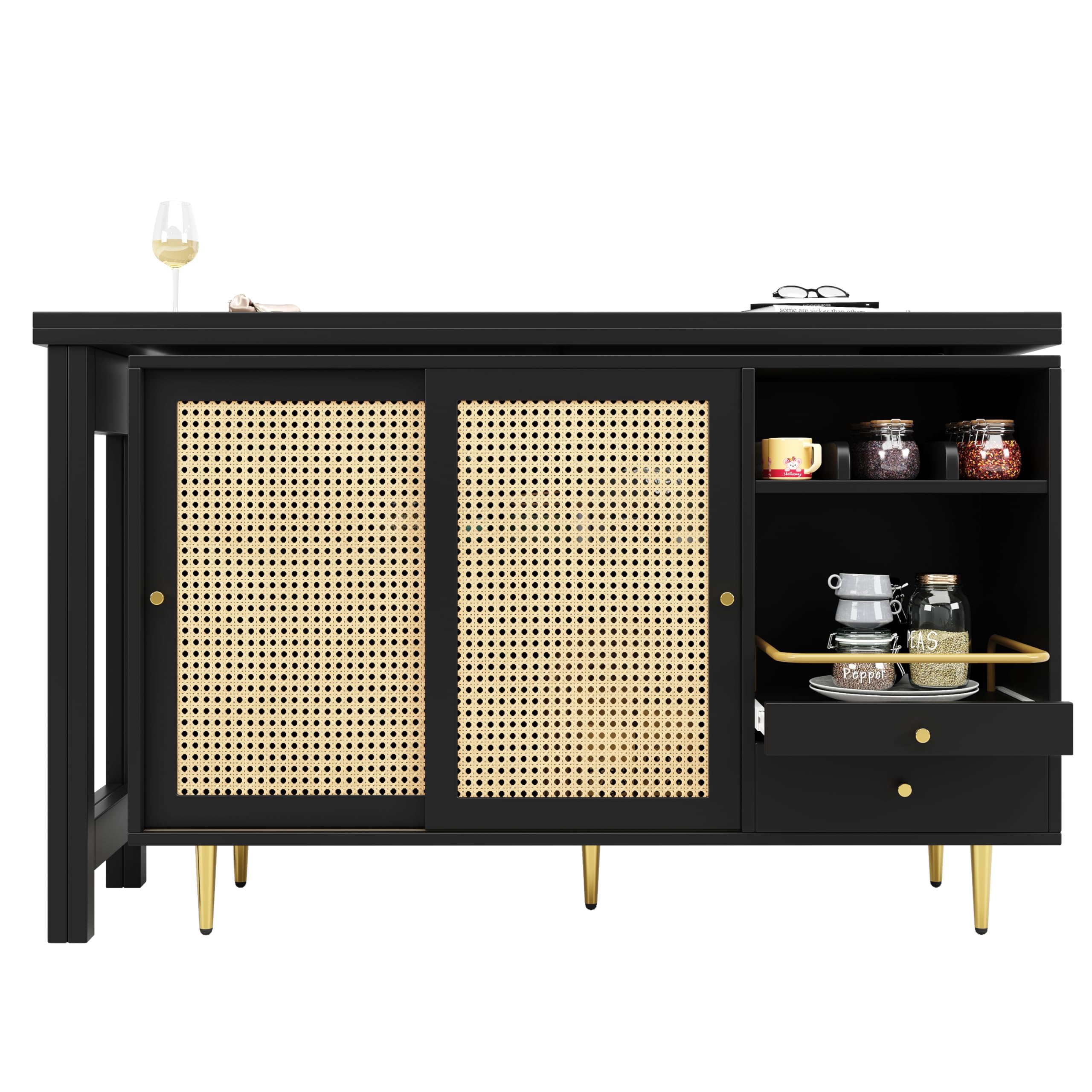 Moimhear Barra giratoria de 360° (cuerpo principal: 107 x 40 x 71,4 cm), barra de diseño retráctil, armario de almacenamiento con puerta de ratán + estante de almacenamiento abierto, adecuado para