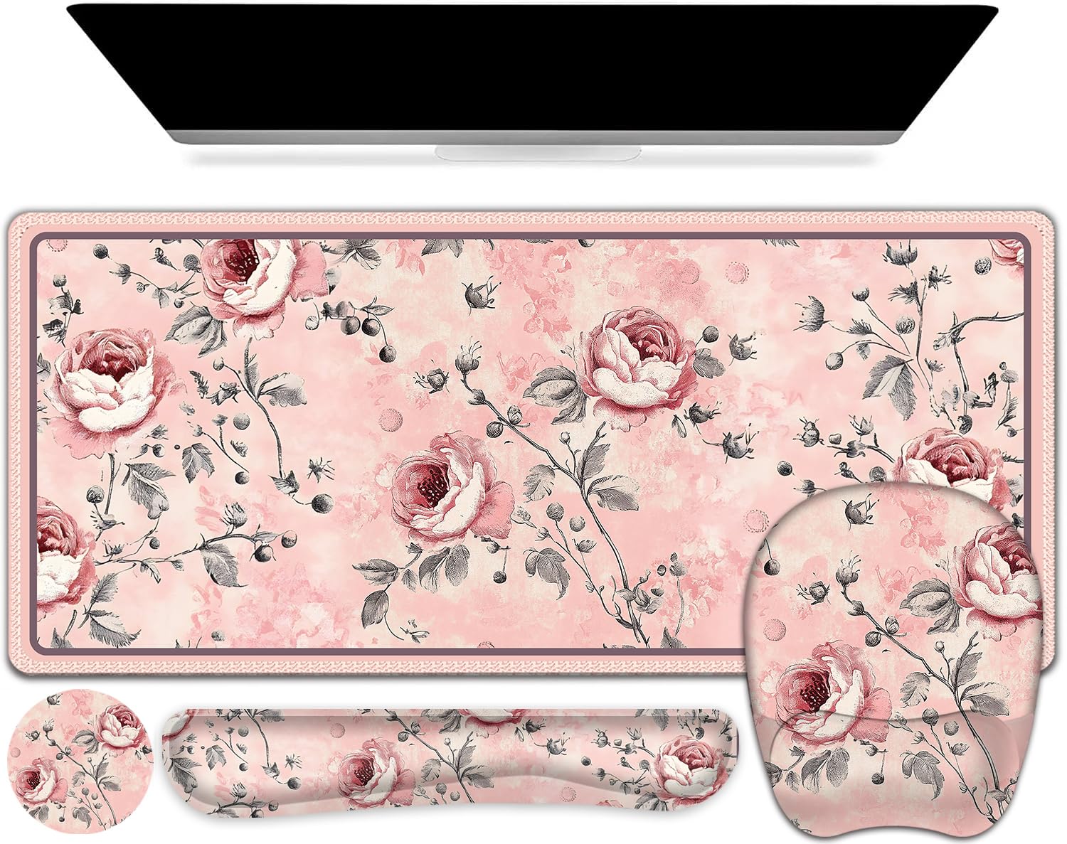 4 in 1 Large Mouse Pad, Keyboard Wrist Rest Set, Ergonomic Mouse Pad with Wrist Support, Desk Mat with Stitched Edges Extended Desk Pad Waterproof Desk Mat for Home Office Game I Pink Rose Flowers — image 1