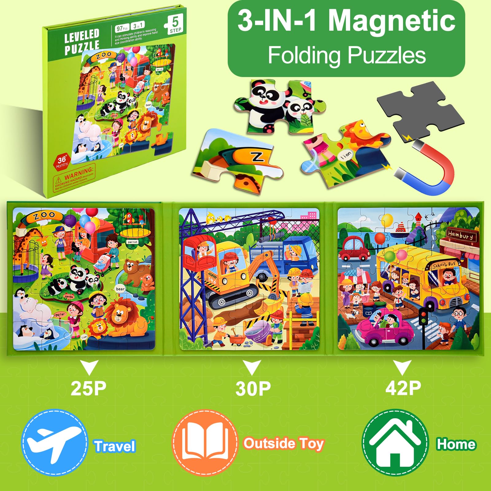 Puzzle Magnetico 3 In 1 Per Bambini 3-7 Anni, 97 Pezzi Con Scene Città, Traffico E Nave, Gioco Educativo Da Viaggio