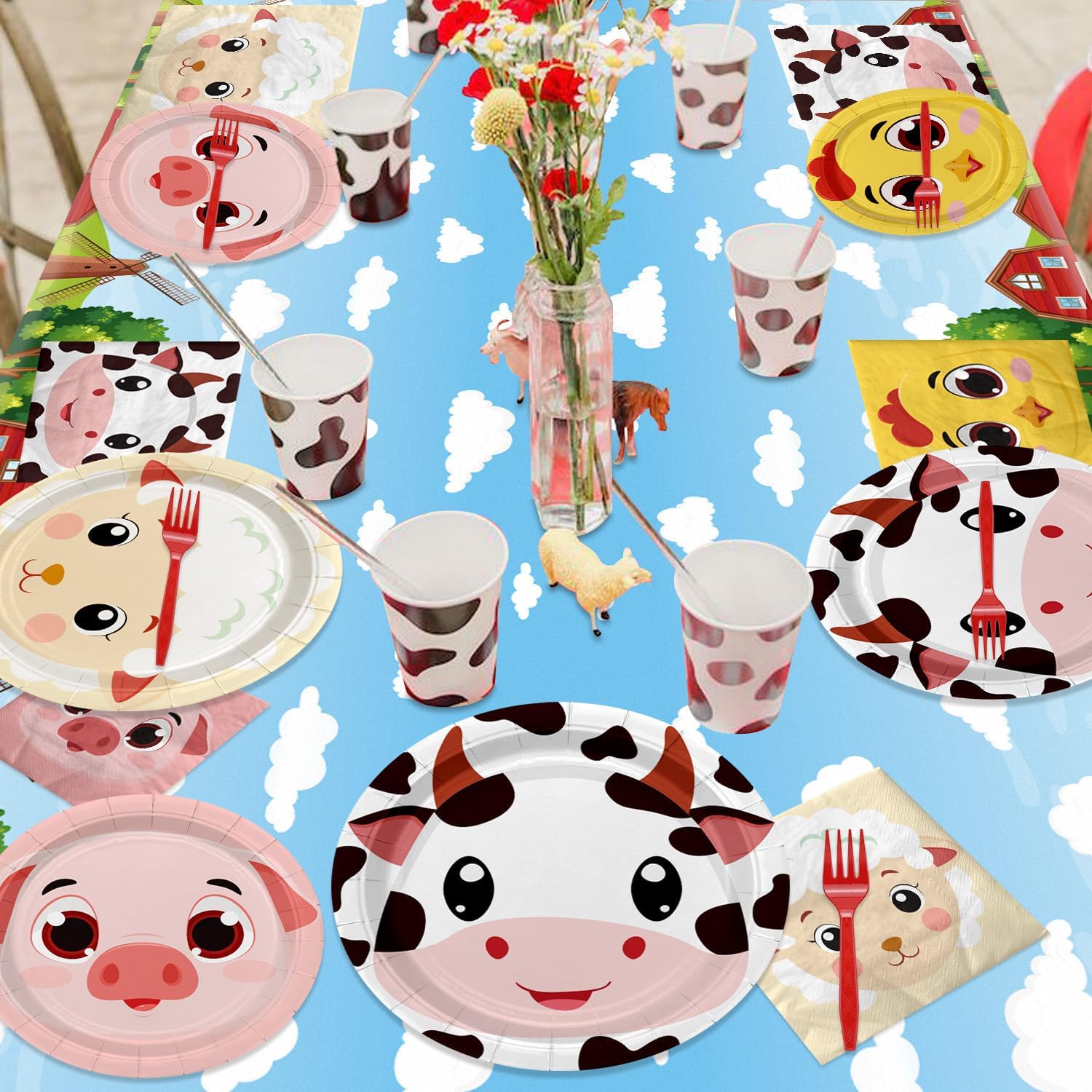Farm Birthday Party Plates Set for 20 Guests, Including Animals Tablecloth, Napkins, Forks and Plates for Baby Shower Farm Birthday Decorations - Image 6