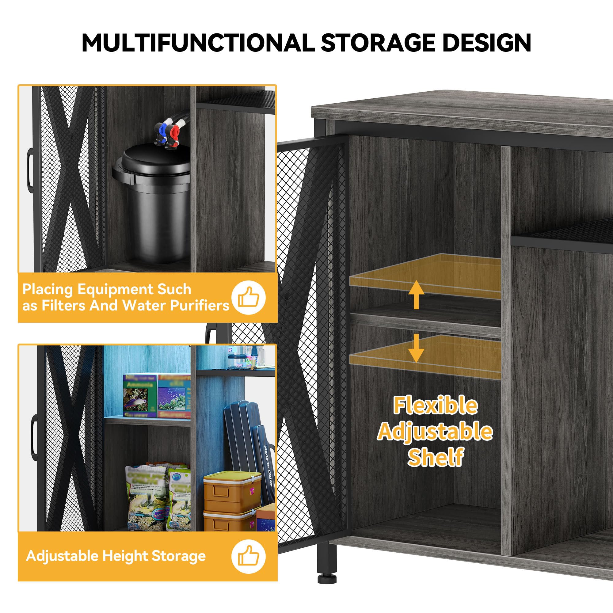 DWVO Support d'aquarium de 40 à 50 gallons avec prises de courant et lumière LED, armoire pour rangement d'accessoires d'aquarium – Support en métal adapté pour aquarium de tortues, terrarium de