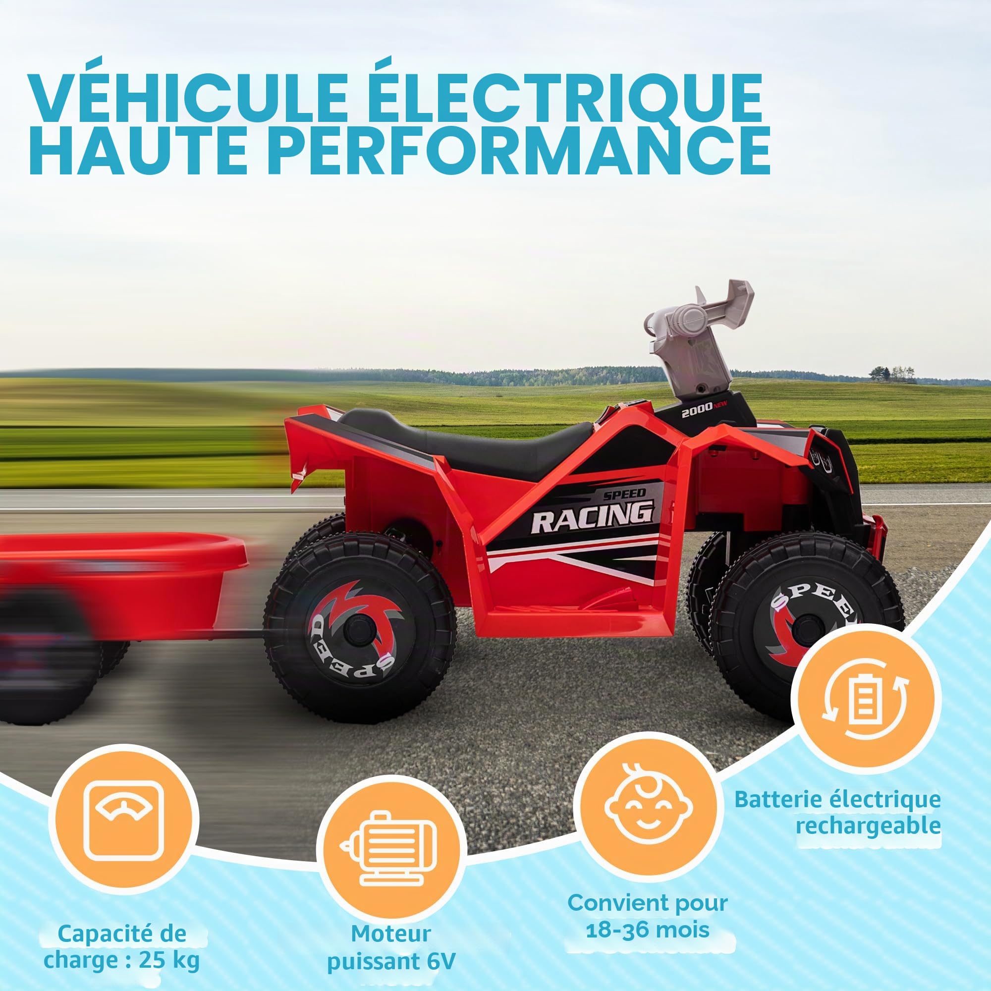 HOMCOM Quad électrique pour Enfants 6V avec remorque, 1.5-3 Ans, Rouge