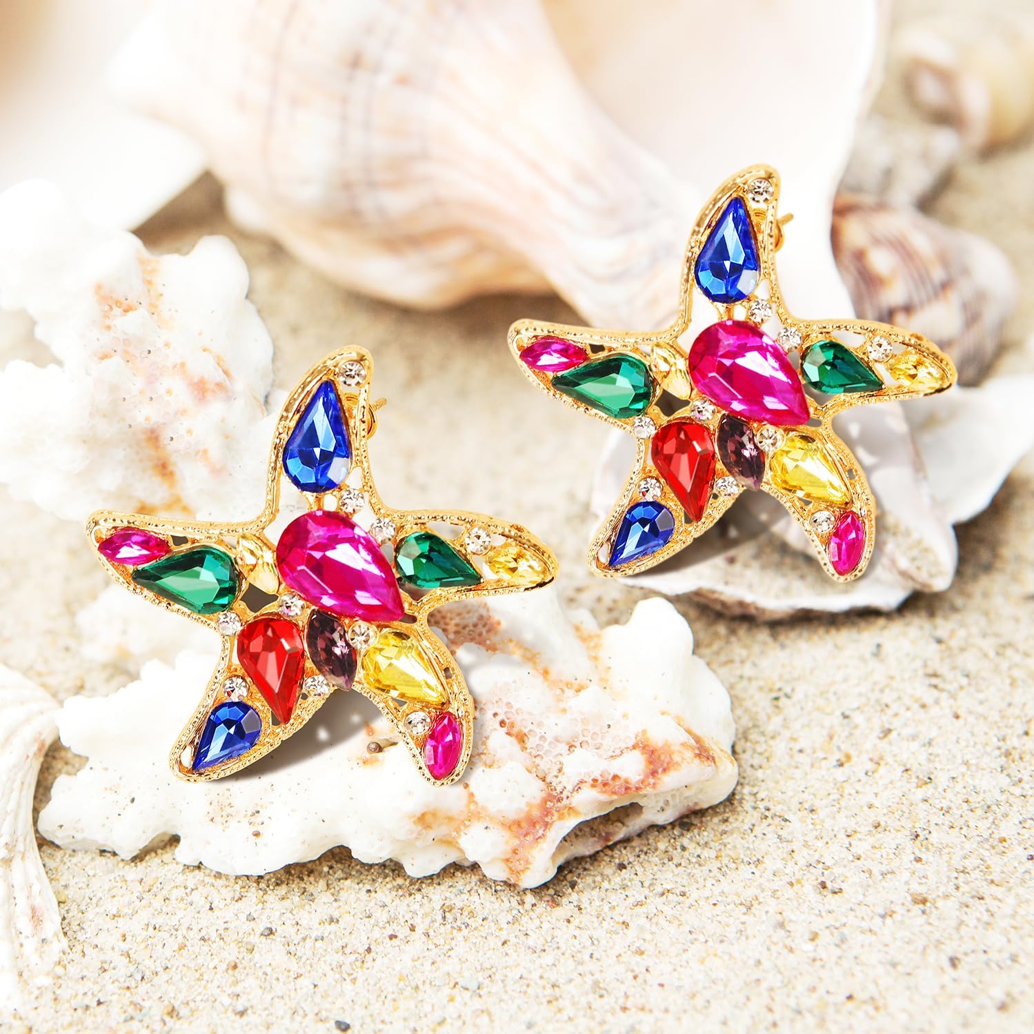 Zirconyxx Ocean Starfish & Floral Stud Earrings for Women - Hypoallergenic Jewelry Set with Multi-Color Gemstones, Dainty Sea & Flower Inspired Earrings for Sensitive Skin, Daily Wear Gift - Image 2