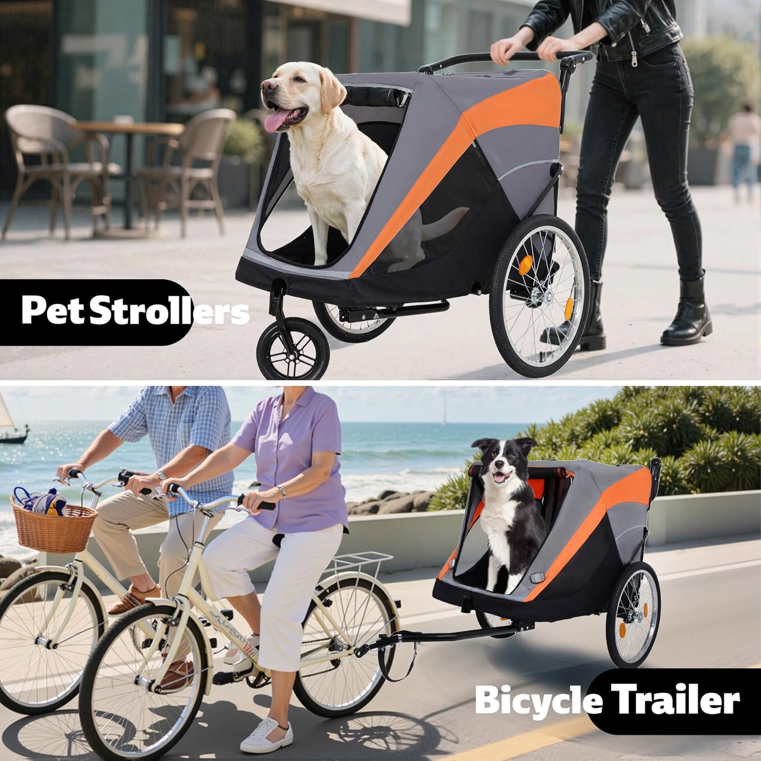 2-in-1 Dog Bike Trailer, Heavy Duty 100lbs Pet Stroller Cart Bicycle Carrier, Easy Folding Cart Frame with Quick Release Wheels and Internal Leash, Orange