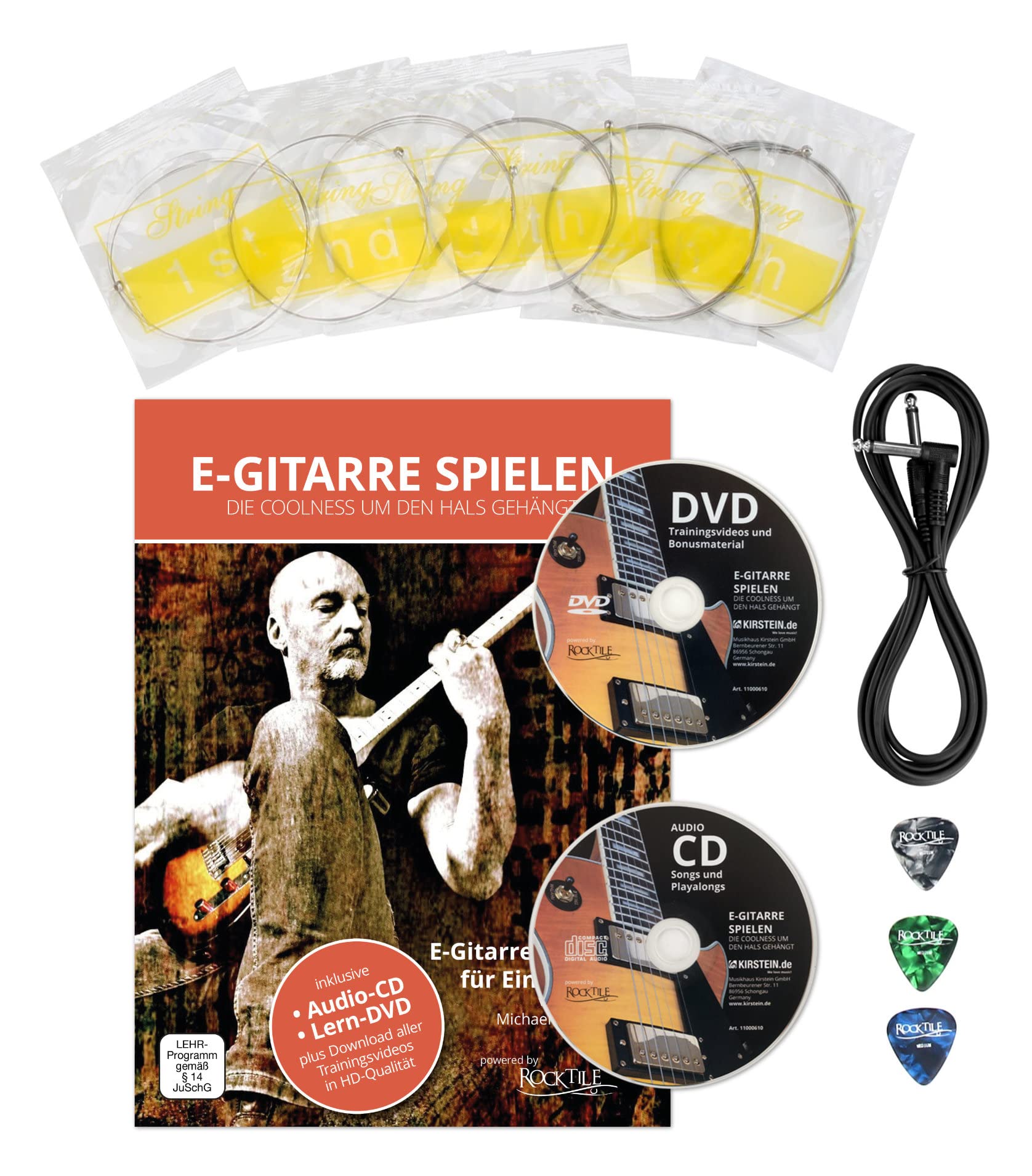Rocktile Super Kit Komplettset E-Gitarre (Verstärker, Stimmgerät, Kapodaster, Gurt, Plektren, Tasche, Gitarrenständer und Schule inkl. CD/DVD) schwarz