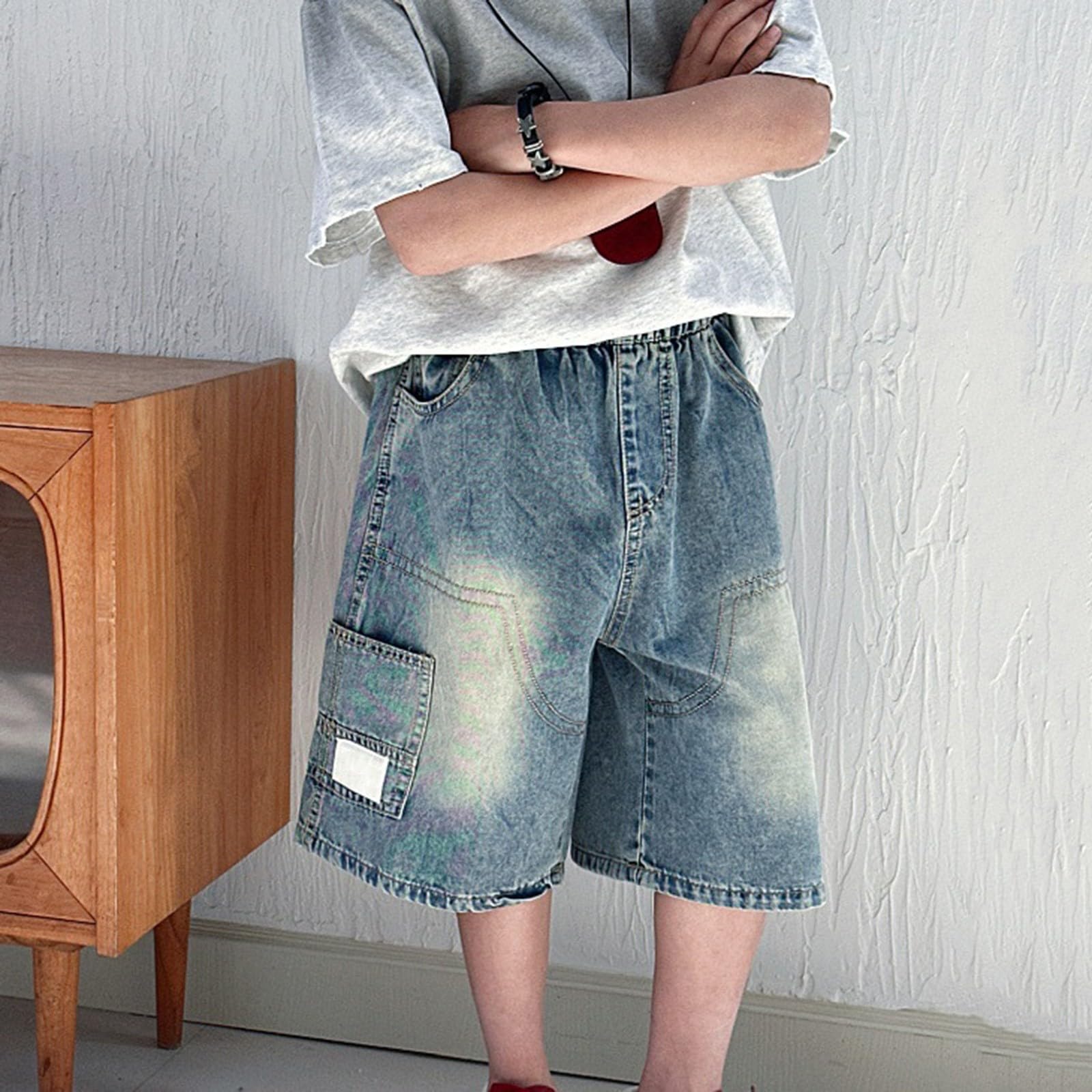 Pantalones cortos de mezclilla holgados para niños, informales, cintura elástica, estilo cargo, pierna ancha, pantalones cortos de mezclilla para verano, rectos, hasta la rodilla, para