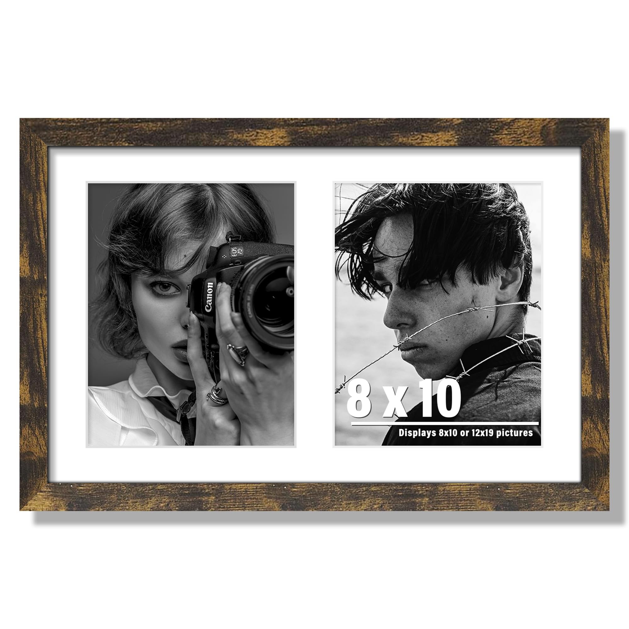 12x19 Double Picture Frame 8x10 Displays Two 8x10 inch Photos Collage Available Horizontal Wall Mounting Display and Vertical Brown