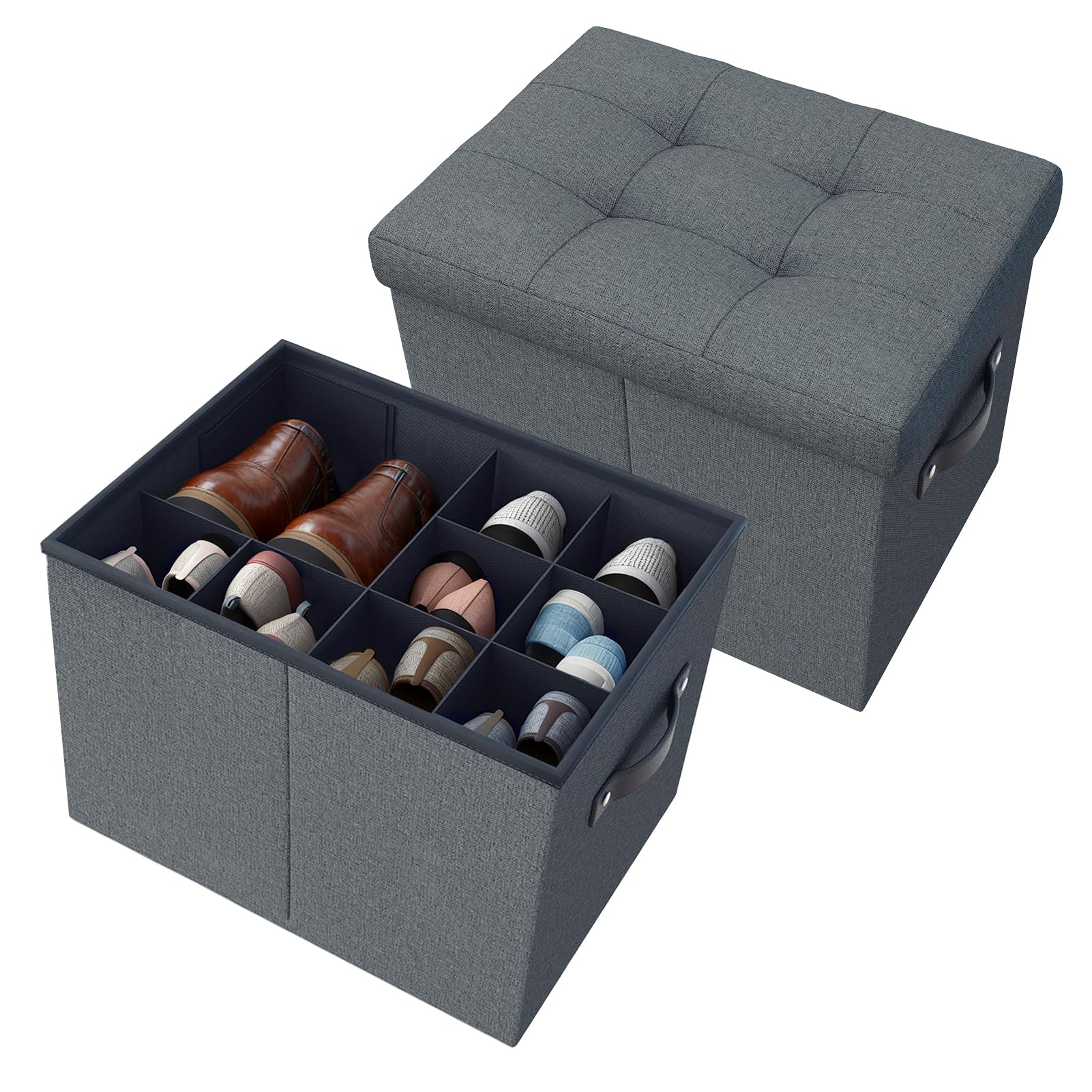 Hoiwio 2 Pack Storage Ottoman Shoe Organiser for Closet - Adjustable Dividers Storage Box for Shoes | Clothes | Toy | Blanket, Foldable Pouffe Footstool Small Bench Shoe Cabinet