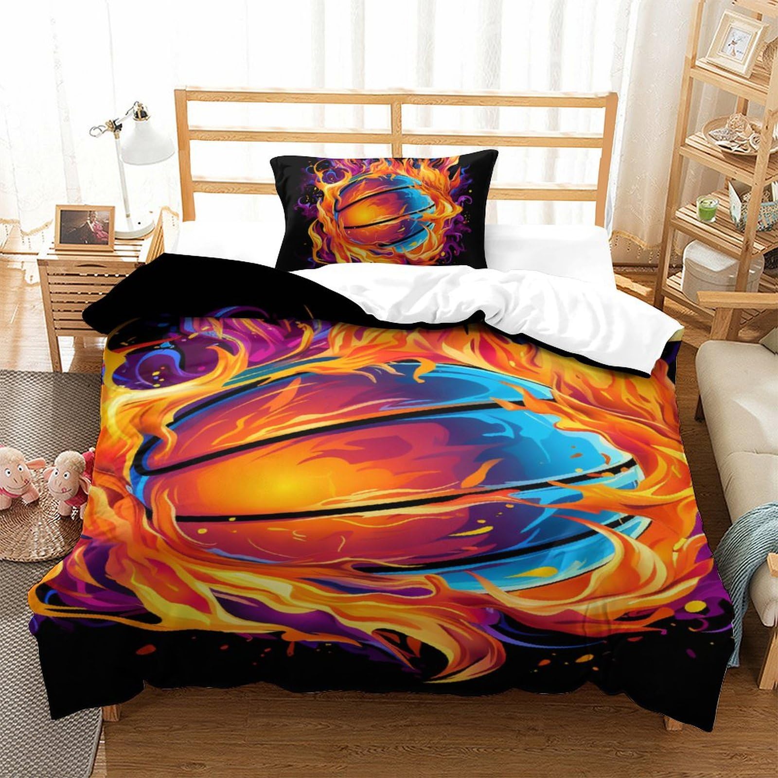Housse de couette basketball 3D 135x200 parure lit microfibre ado taie oreiller