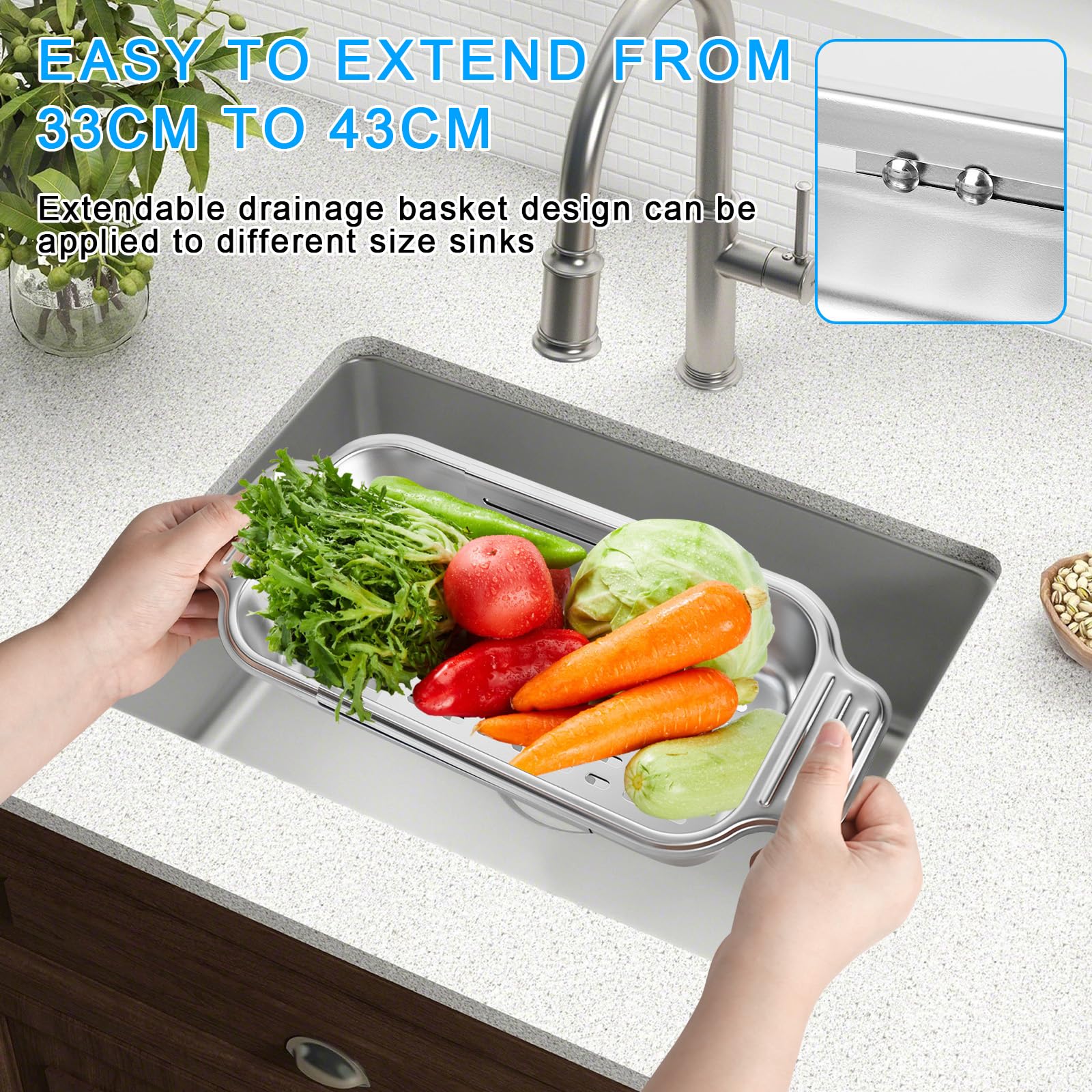 Scolapasta da Lavello, Scolapasta Acciaio Inox, Setaccio Estensibile per Lavello, Scolapastas da Cucina per Lavandino, per Verdure, Frutta, 33.5-44.5Cm