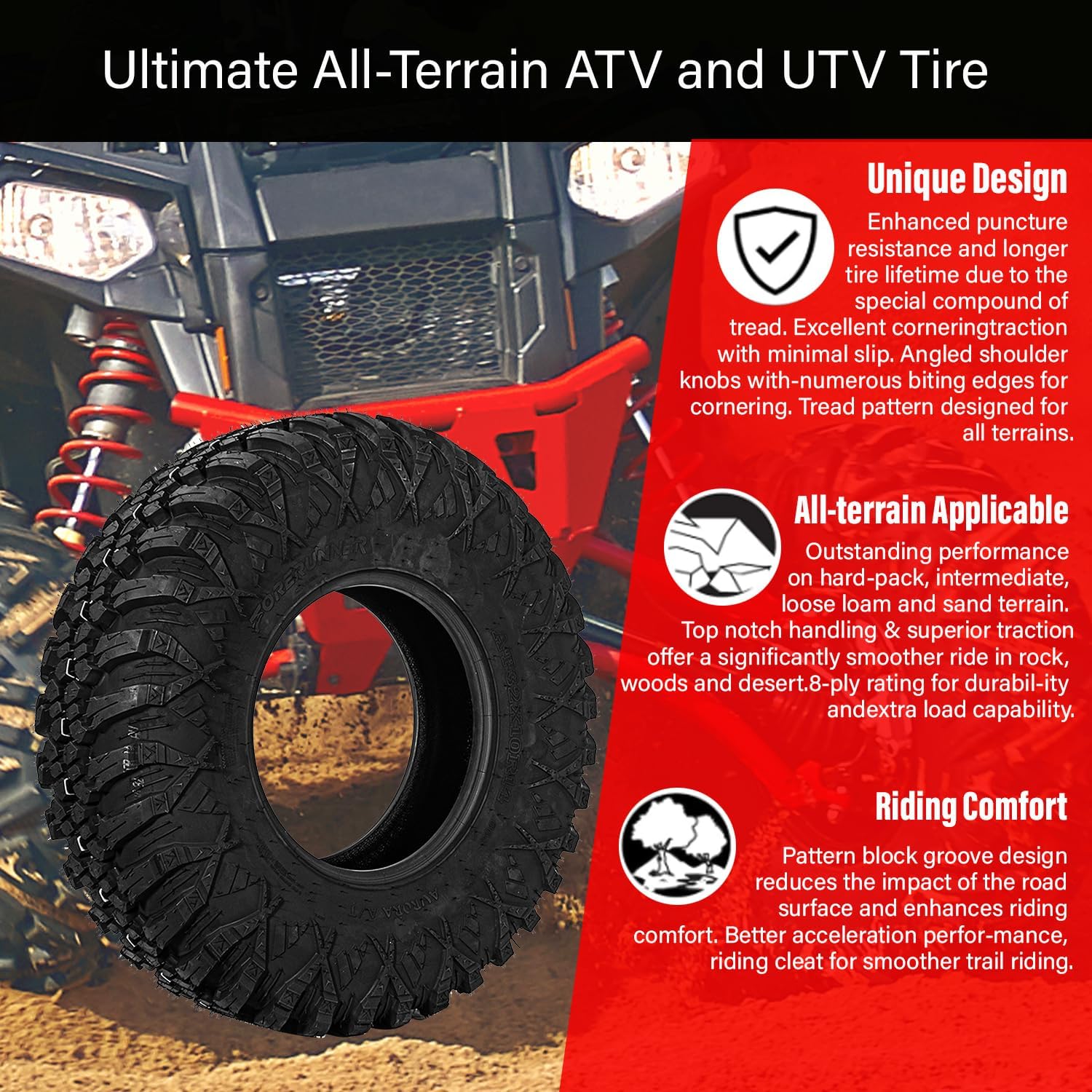 Set of 4 FORERUNNER 32X10R14 ATV tires, 8PR Tubeless UTV Tires, All-terrain Tires