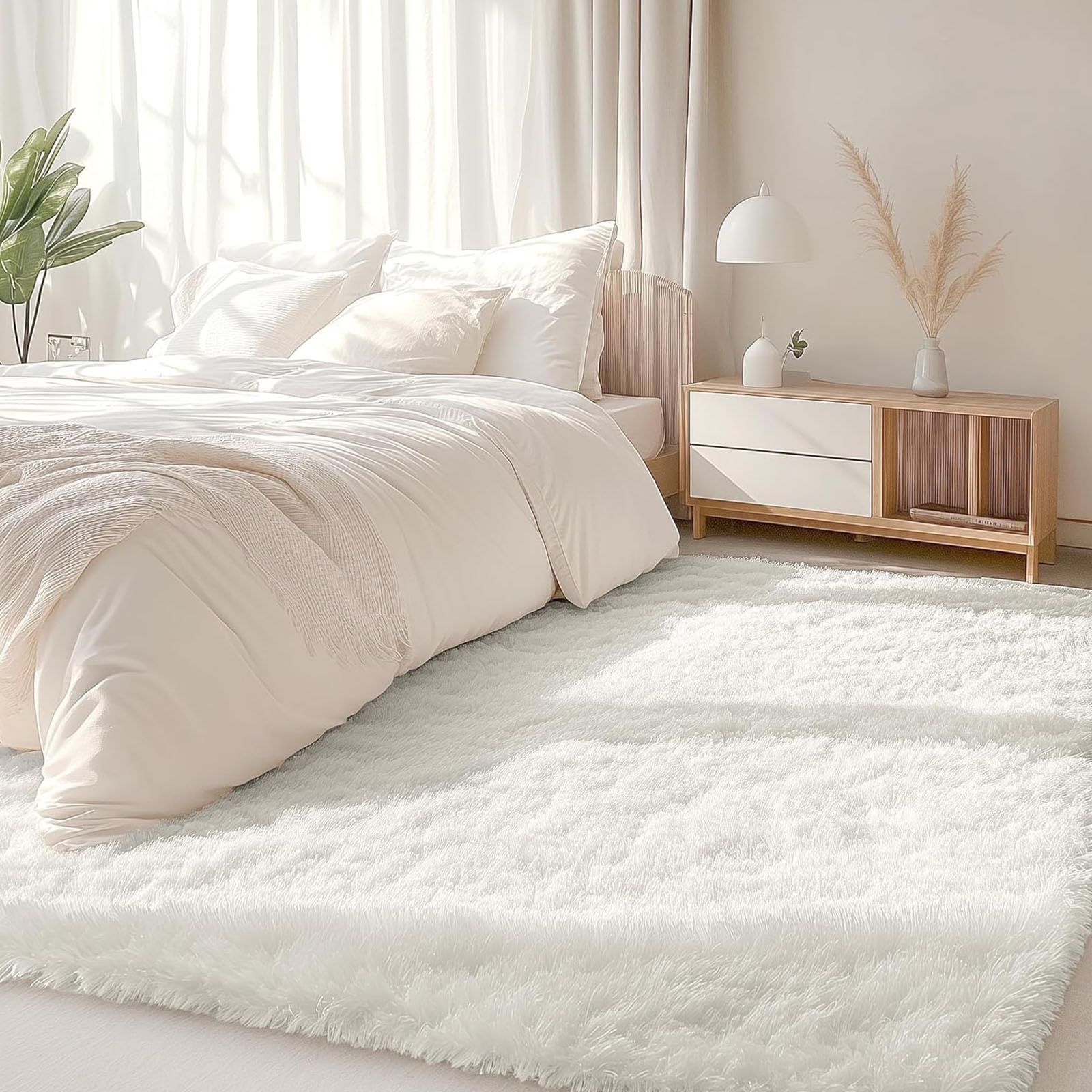 Tapis shaggy long poil blanc pour cocooning réconfortant dans la chambre