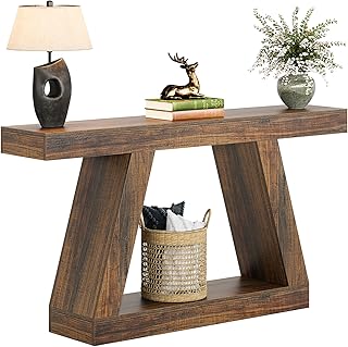 LITTLE TREE 55-Inch Farmhouse Console Table with Lower Shelf, Rustic Brown Wooden Sofa Table & Entryway Storage for Living Room, Hallway, Bedroom, Office, Brown
