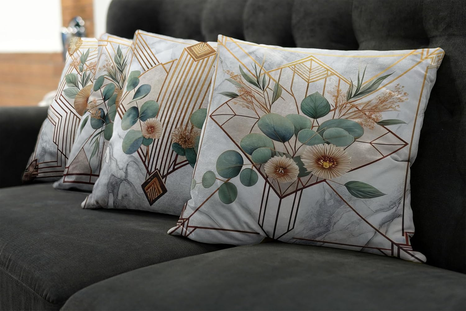 Ambesonne Eucalyptus Throw Pillow Cushion Cover Set of 4, Blooming Leaves and Flowers on Modern Marble Print Art Deco Stripes, Decorative Accent Double-Sided Printing, 20", Teal Grey and Orange