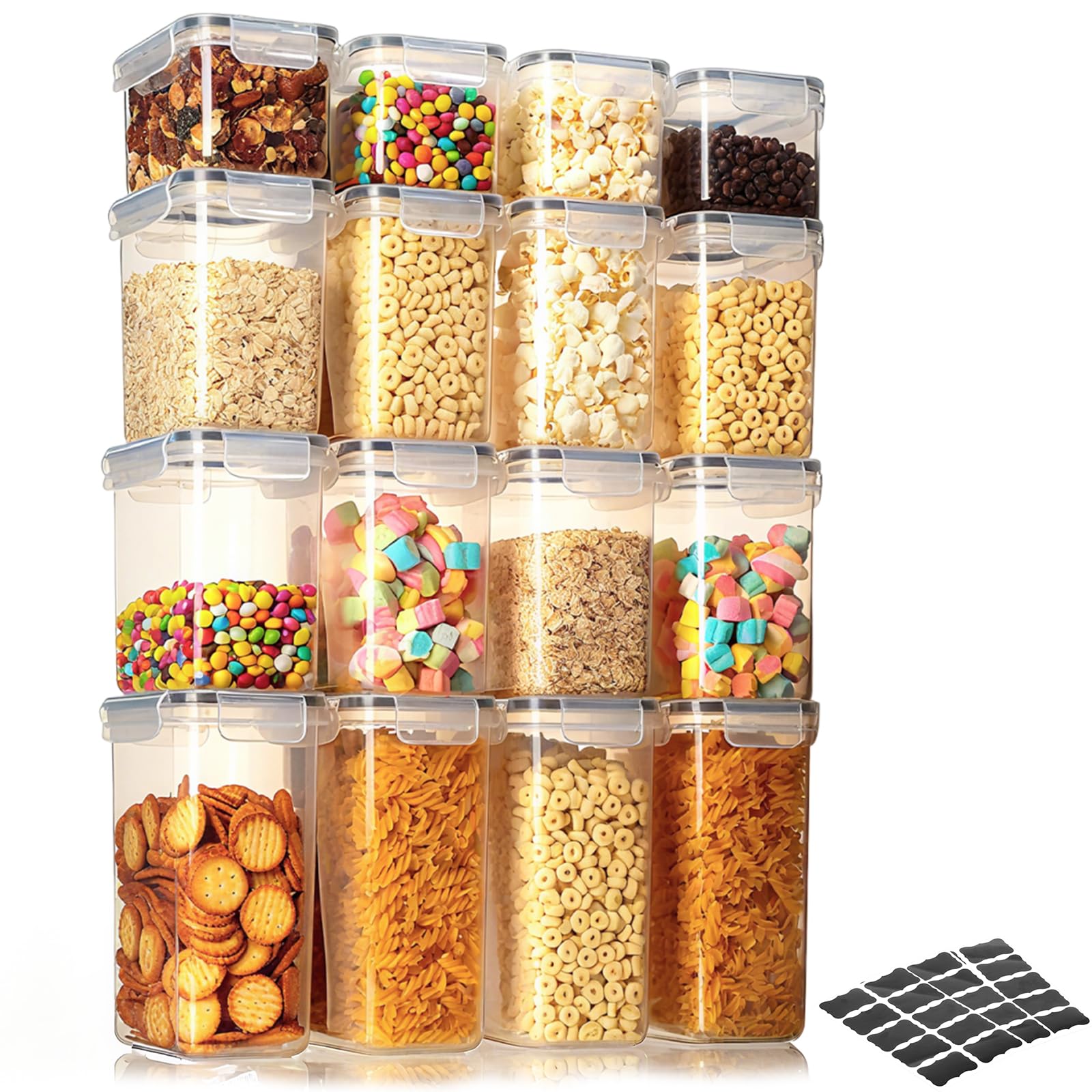 VINATO Contenitori Alimentari Ermetici, 16 Scatola Ermetica per Alimenti con Chiusura Ermetica per Cucina Trasparenti Adatto per Frigoriferi e Armadietti per Farina, Cereali, Pasta, Senza BPA