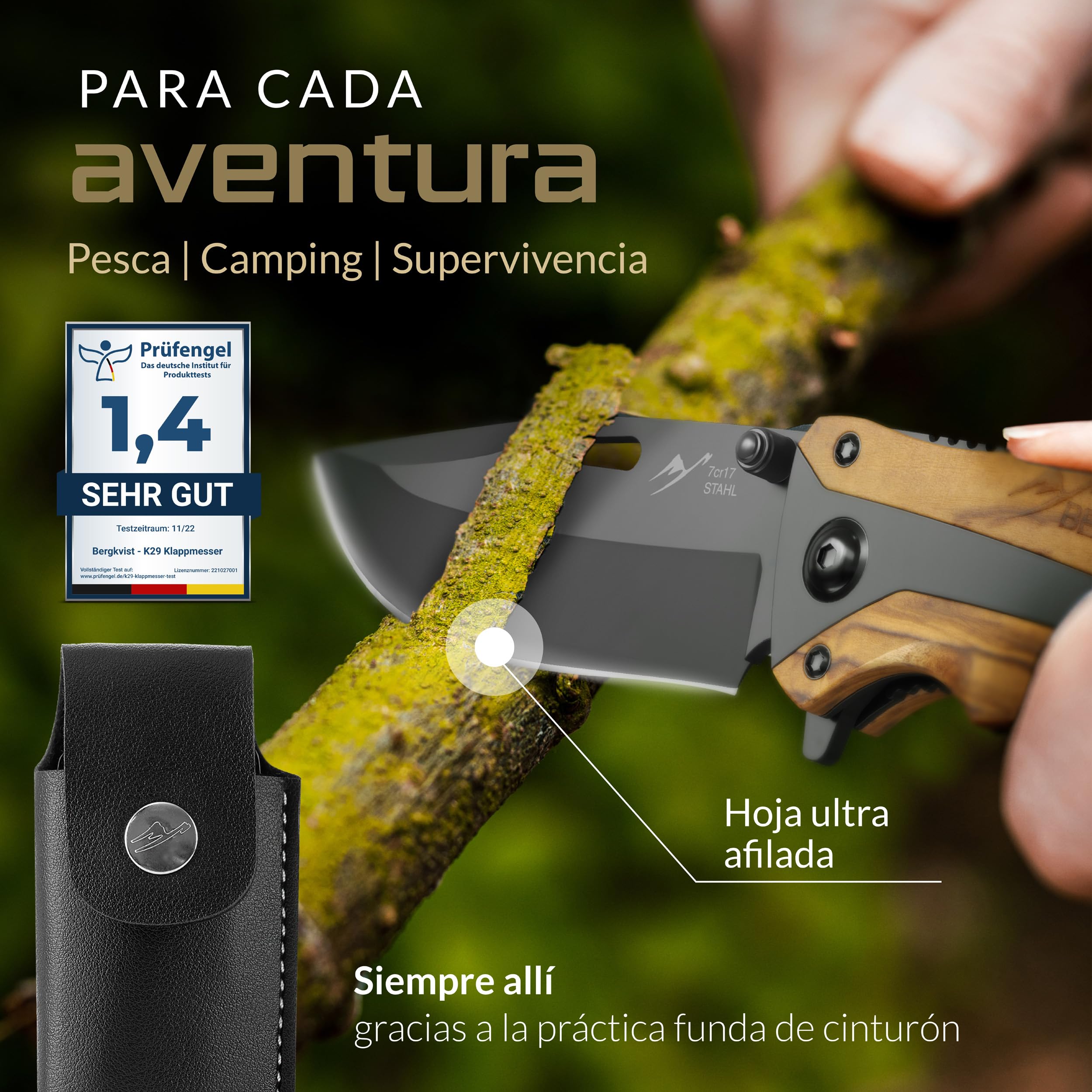 BERGKVIST® K29 Cuchillo plegable Titanium [navaja de bolsillo 3 en 1] | Navaja con rompecristales y cortacinturones, Bronze A' Design Award, mango de madera de olivo
