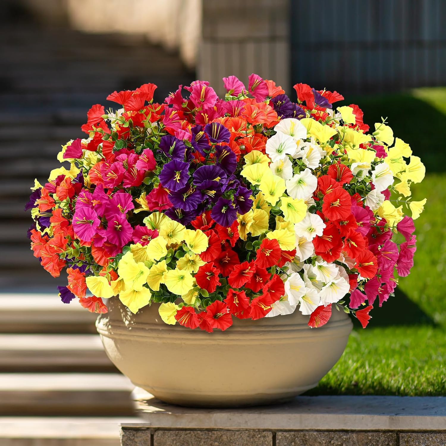 Giegxin 24 Bundles Artificial Flowers for Outdoor Faux Morning Glory Bulk UV Resistant Artificial Petunias Faux Flowers Plants for Outside Garden Yard Porch Patio Spring Summer Decor(Multi Color)