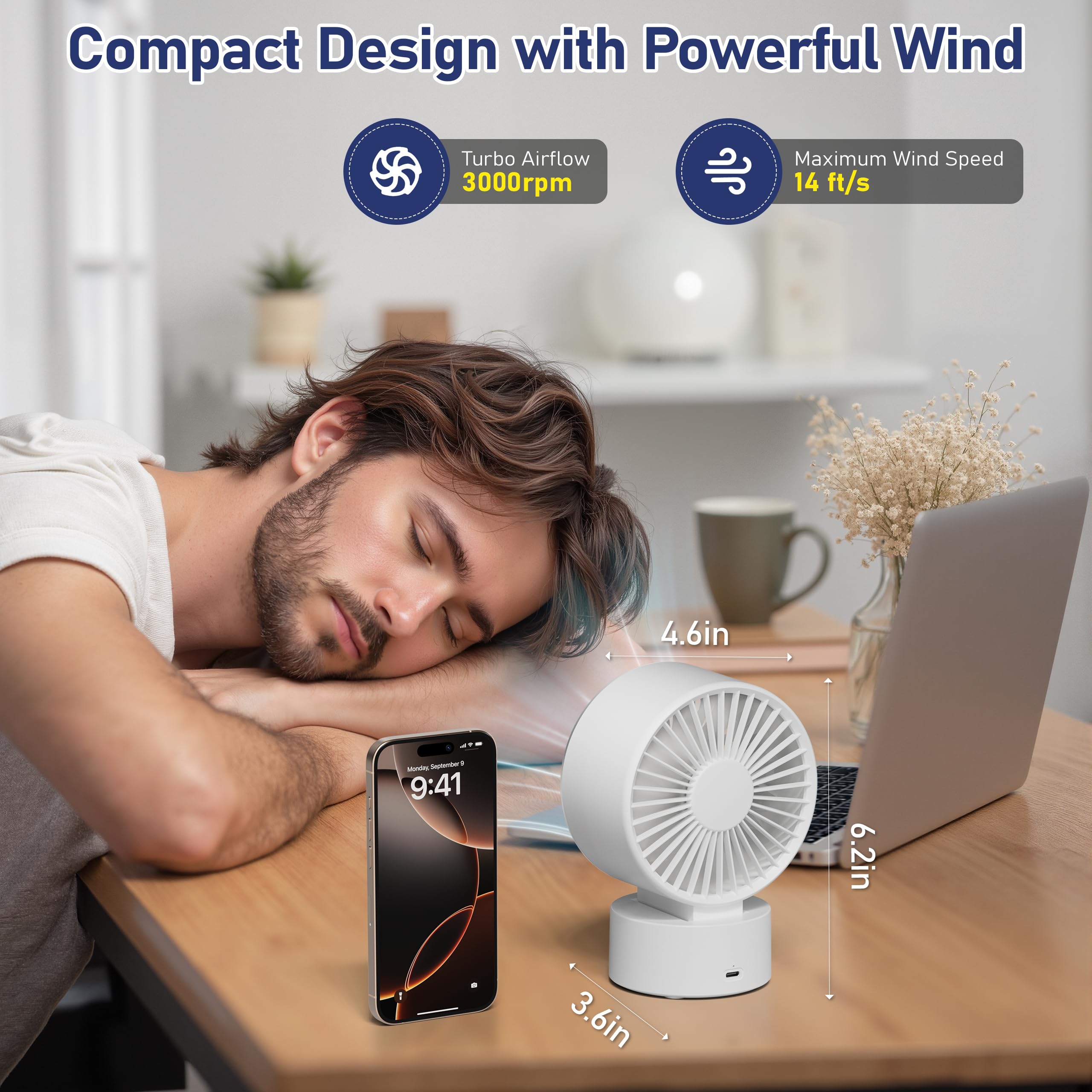 Ventilador de escritorio pequeño silencioso: ventilador de mesa recargable con batería de 1200 mAh y alimentado por USB, portátil para oficina, dormitorio, escritorio en casa, pantalla 8