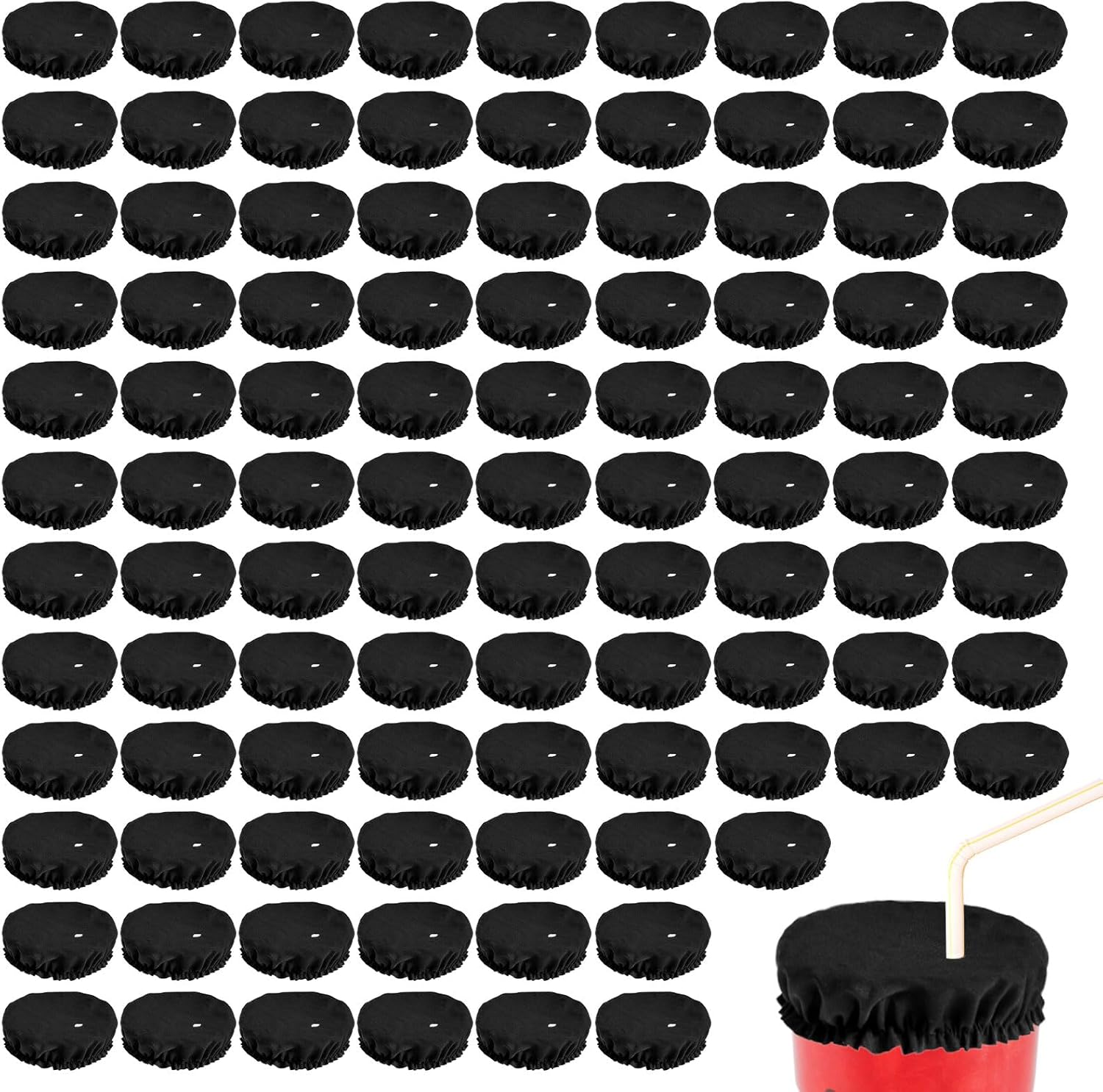 100pcs Drink Covers Anti Spike, Washable Polyester Drink Spiking Prevention Scrunchie with Straw Hole Black Bottle Cap Protector Accessories Fits Most Cups for Women Girls