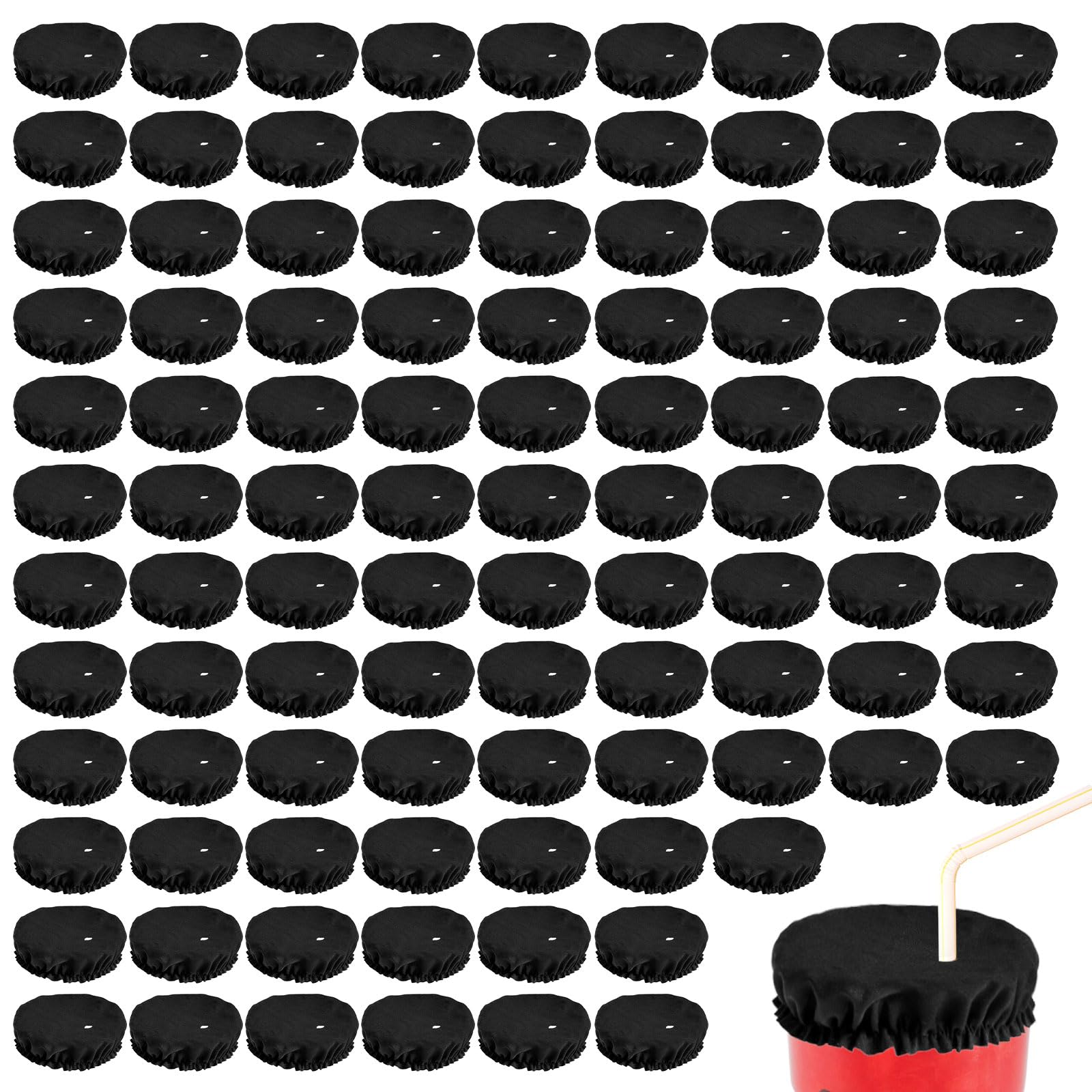 Tinoaly 100 Couvre Bouteilles, Lavables en Polyester avec Trou pour Paille Protections Noires Bouchons de Bouteille Compatibles avec la Plupart des Gobelets pour Femmes et Filles