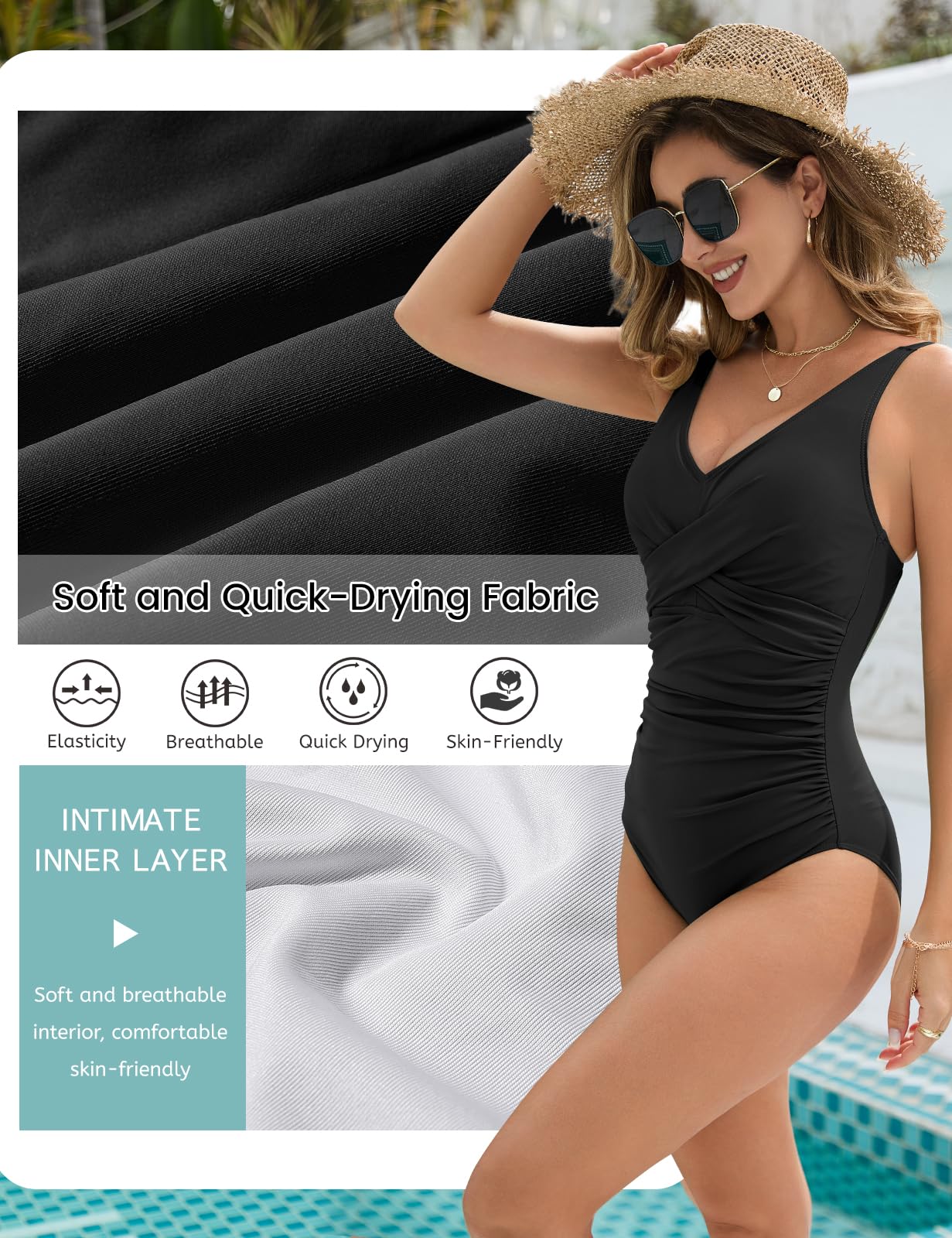 UMIPUBO Maillot de Bain Femme 1 Pièces Sexy Col en V Gainant Ventre Plat Maillots de Bain Réglable Push Up Swimwear Rembourré Froncé Monokinis