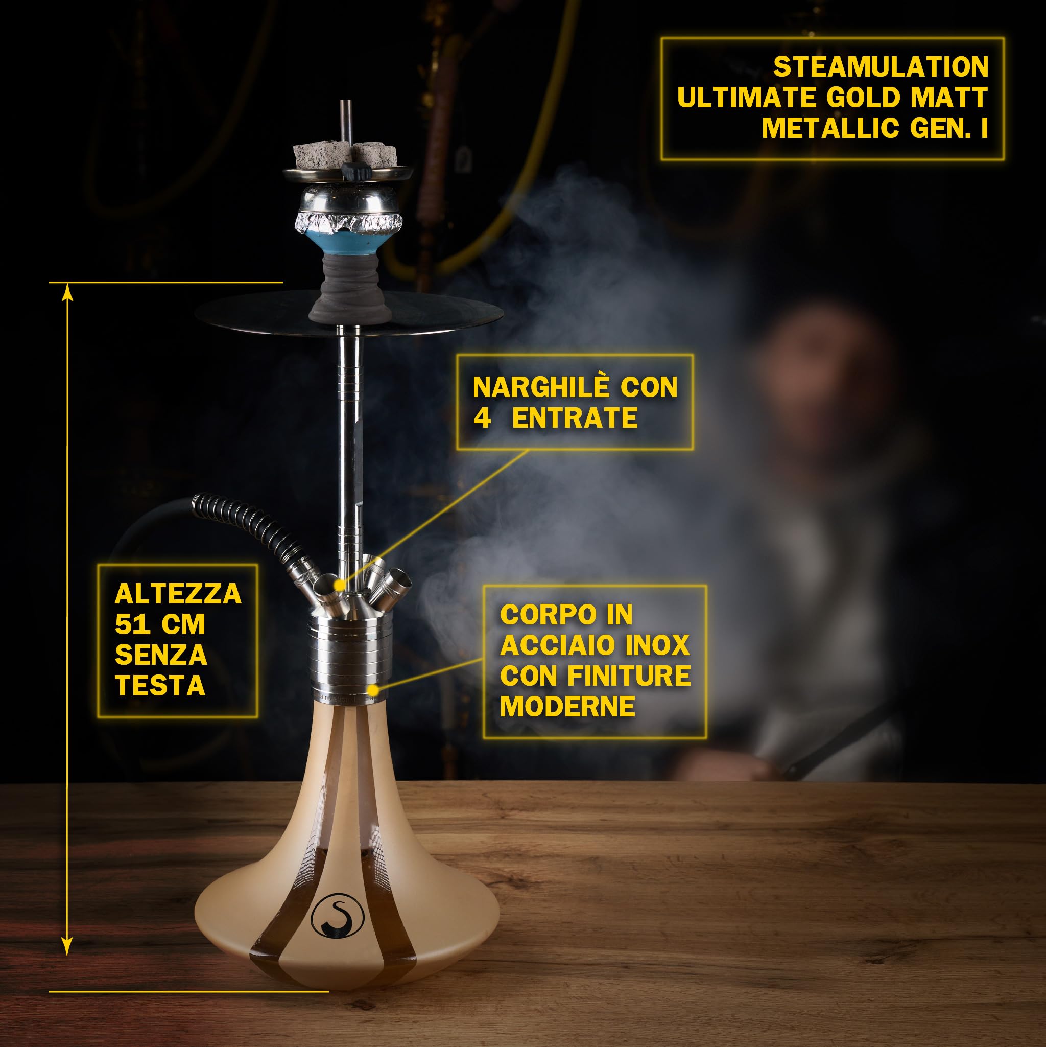 Steamulation Cachimba Ultimate Gold Metallic Gen.I | Shisha de Acero Inoxidable con Manguera de Silicona, Boquilla, Pinza, Cazoleta de Piedra HMD + 1 kg Carbón Cocobration 27 mm